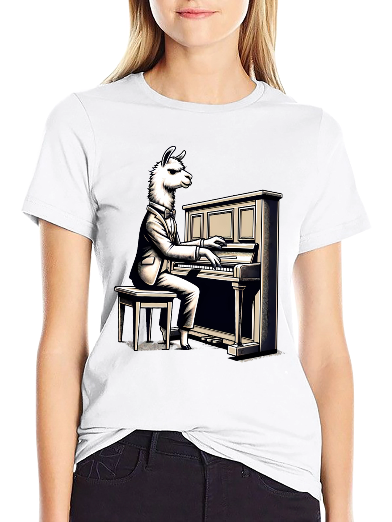 Black Llama Pianist Graphic Tee - Unique Animal Art Shirt view 9