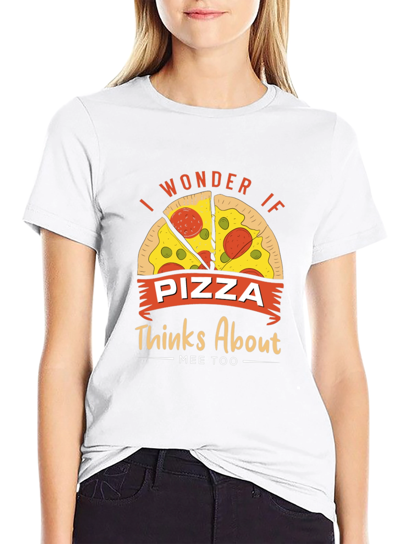 Black Pizza Lover Graphic Tee - I Wonder If Pizza Thinks About Mee Too view 9