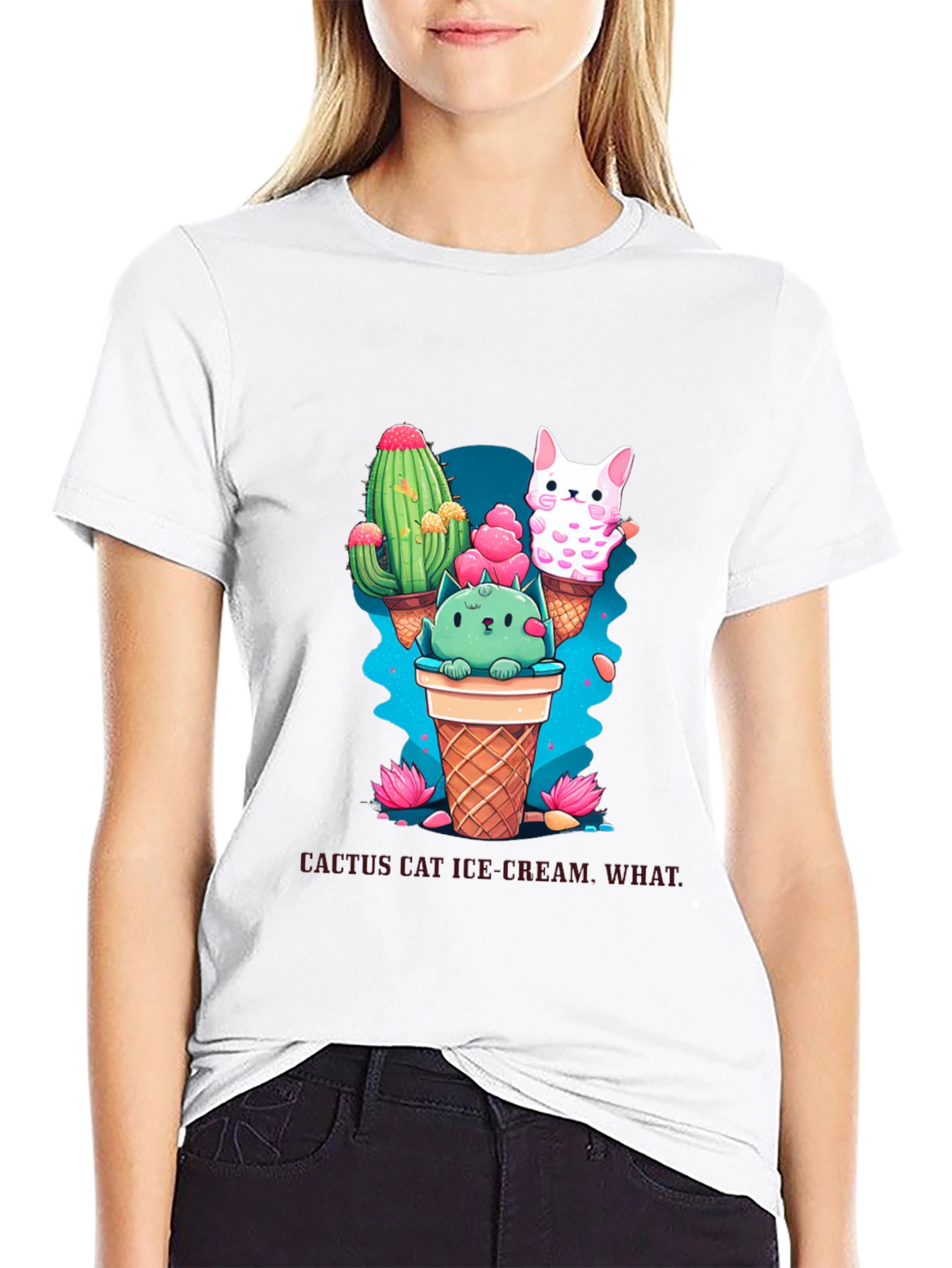 Black Cactus Cat Ice Cream Black T-Shirt view 9