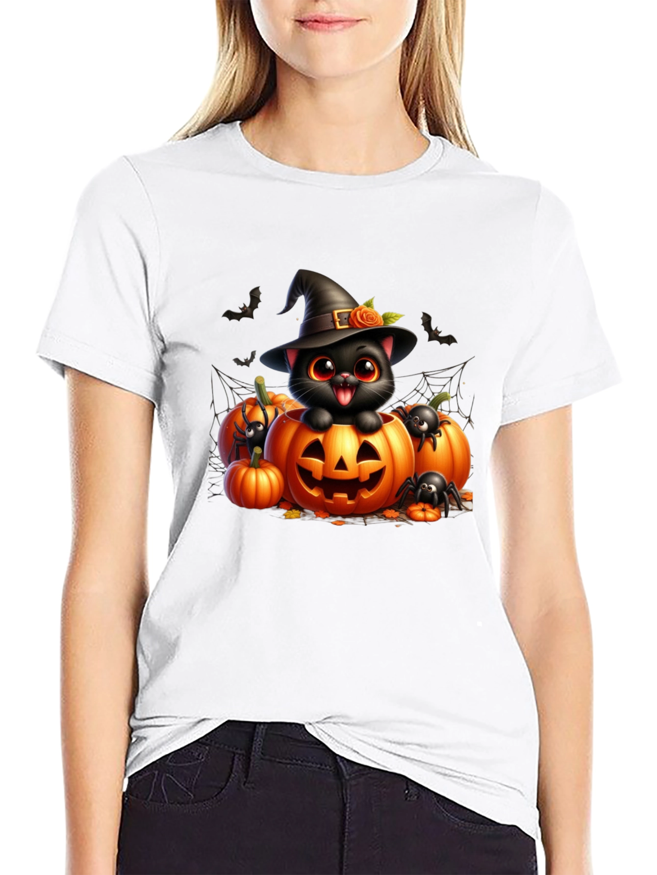 Black Halloween Cat Pumpkin Graphic Tee view 9