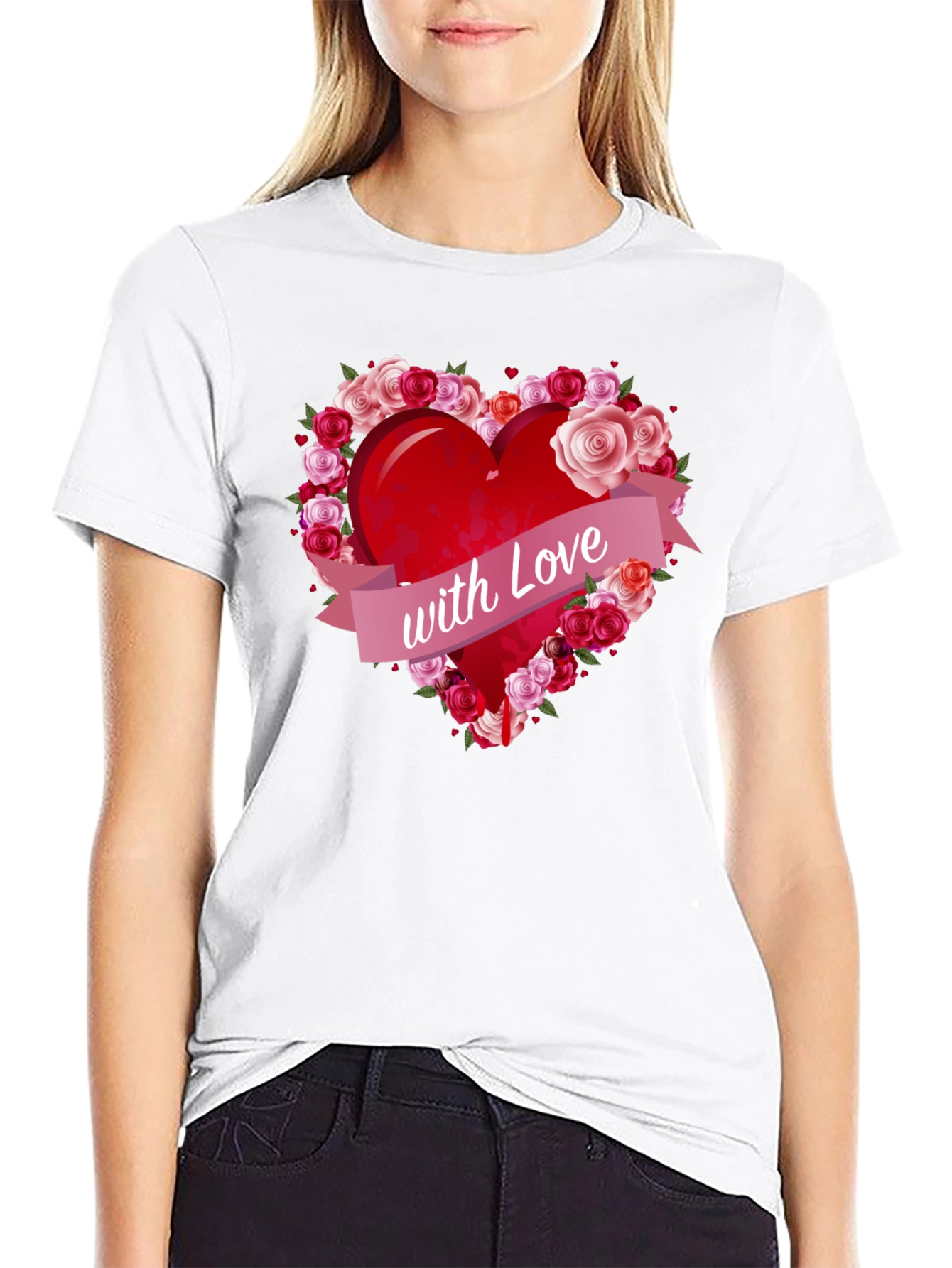 Black Heart with Roses Graphic Tee - Love Design T-Shirt view 9