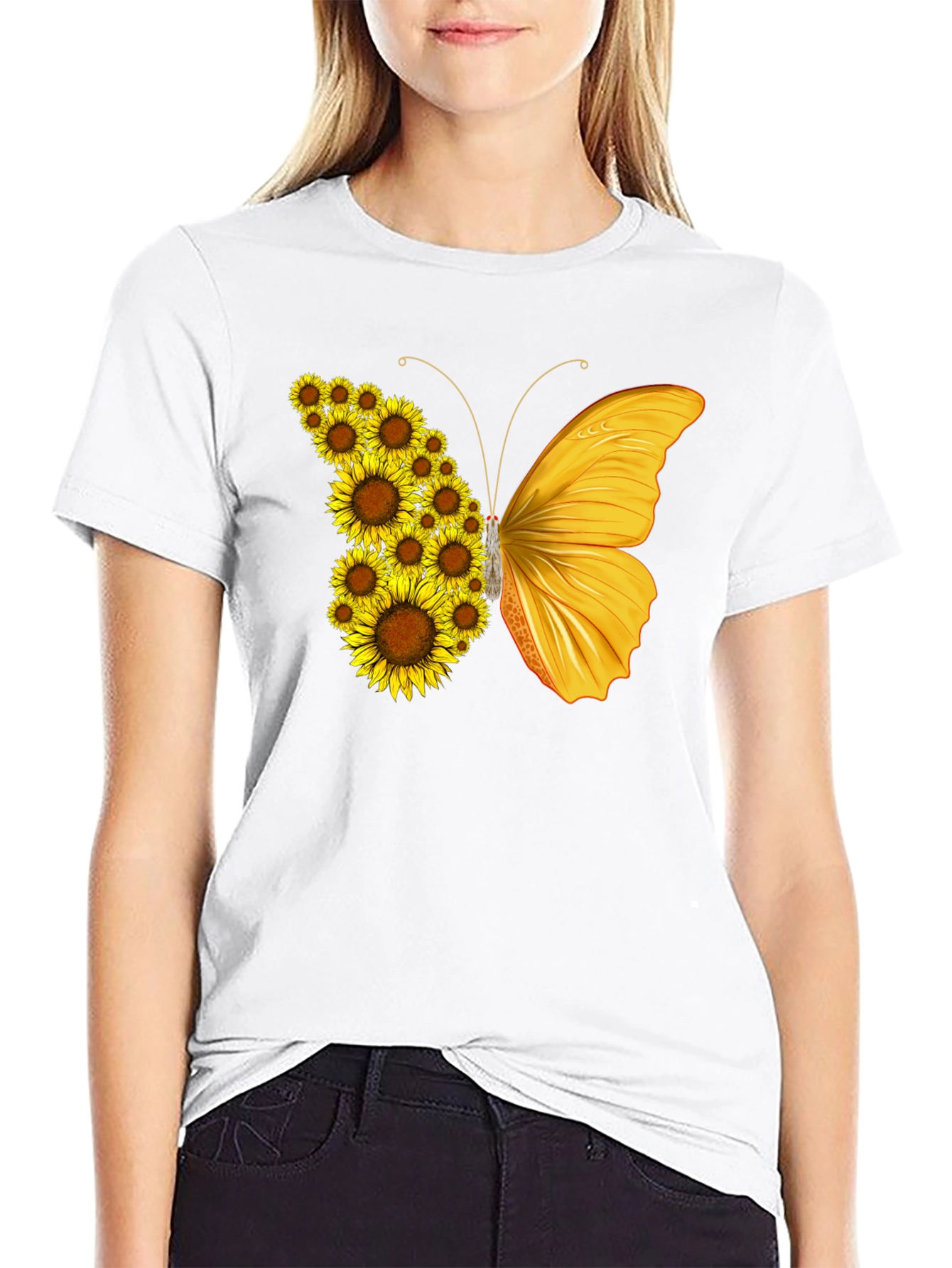 Black Sunflower Butterfly Graphic T-Shirt - Black view 9