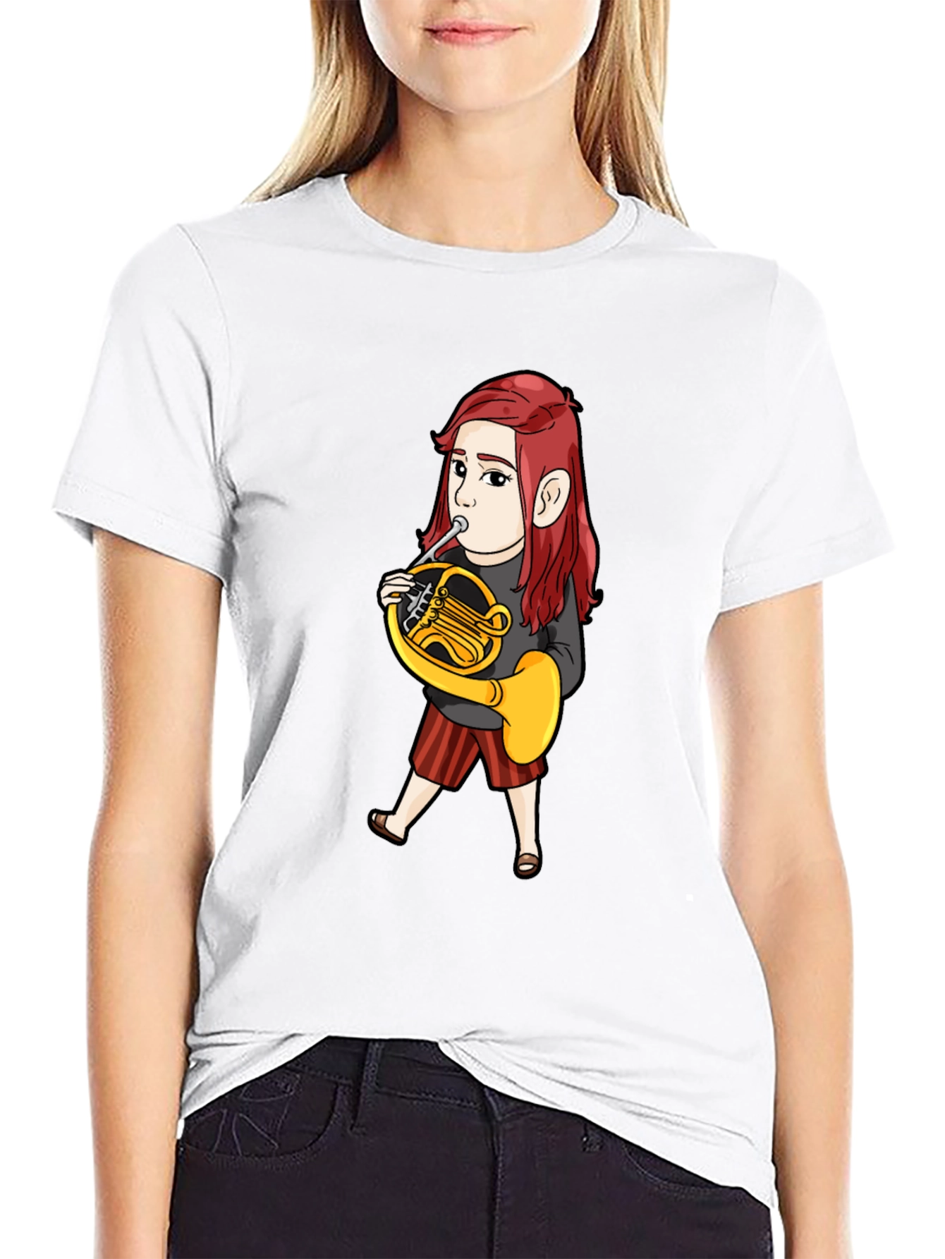Black French Horn Player Cartoon T-Shirt view 9