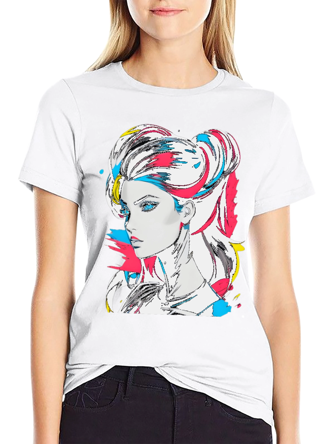 Black Vibrant Graphic Tee - Anime Woman Portrait view 9