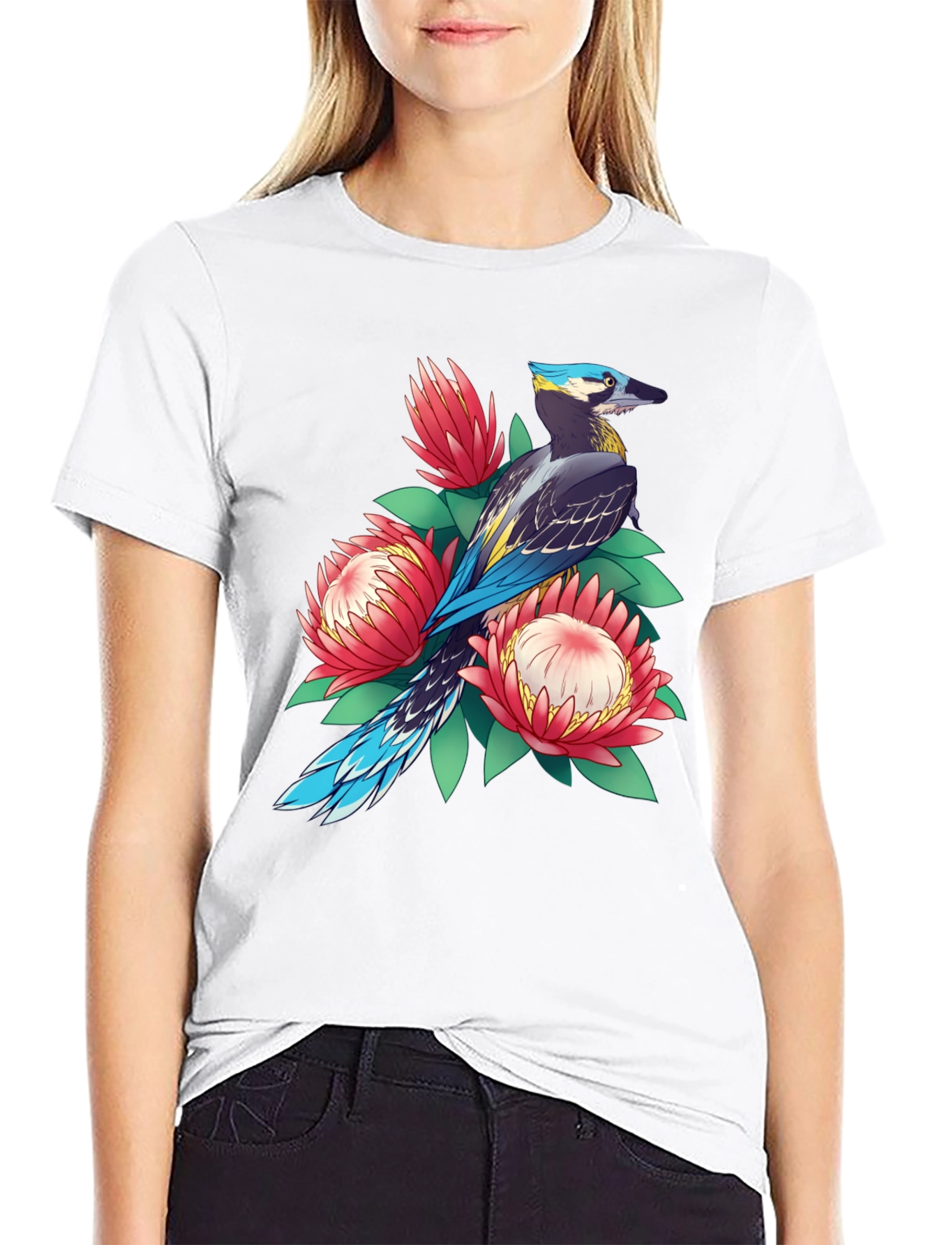 Black Bird & Floral Print T-Shirt - Casual Style view 9
