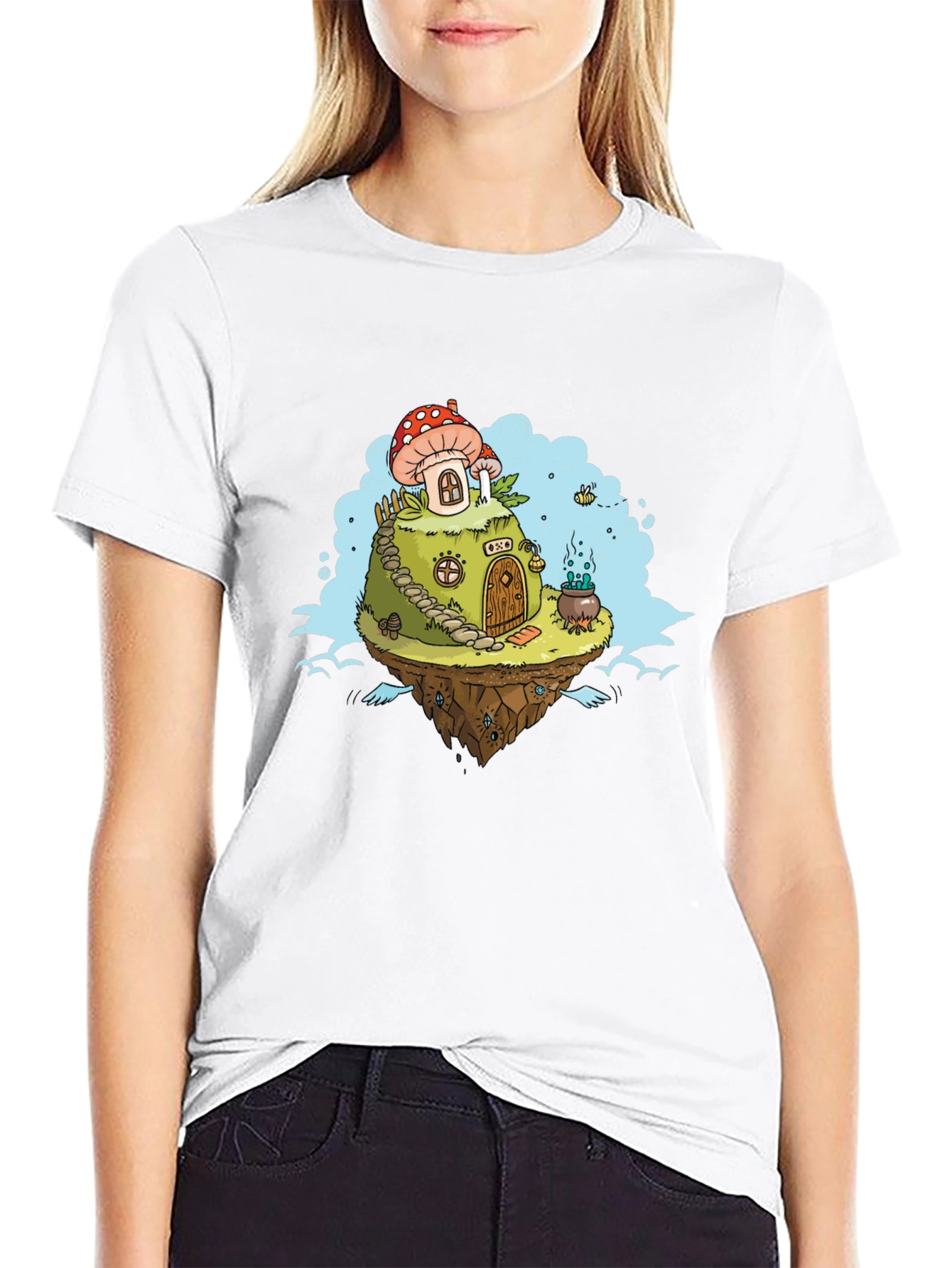 Black Mushroom House Island Graphic Tee - Whimsical Fantasy Design view 9