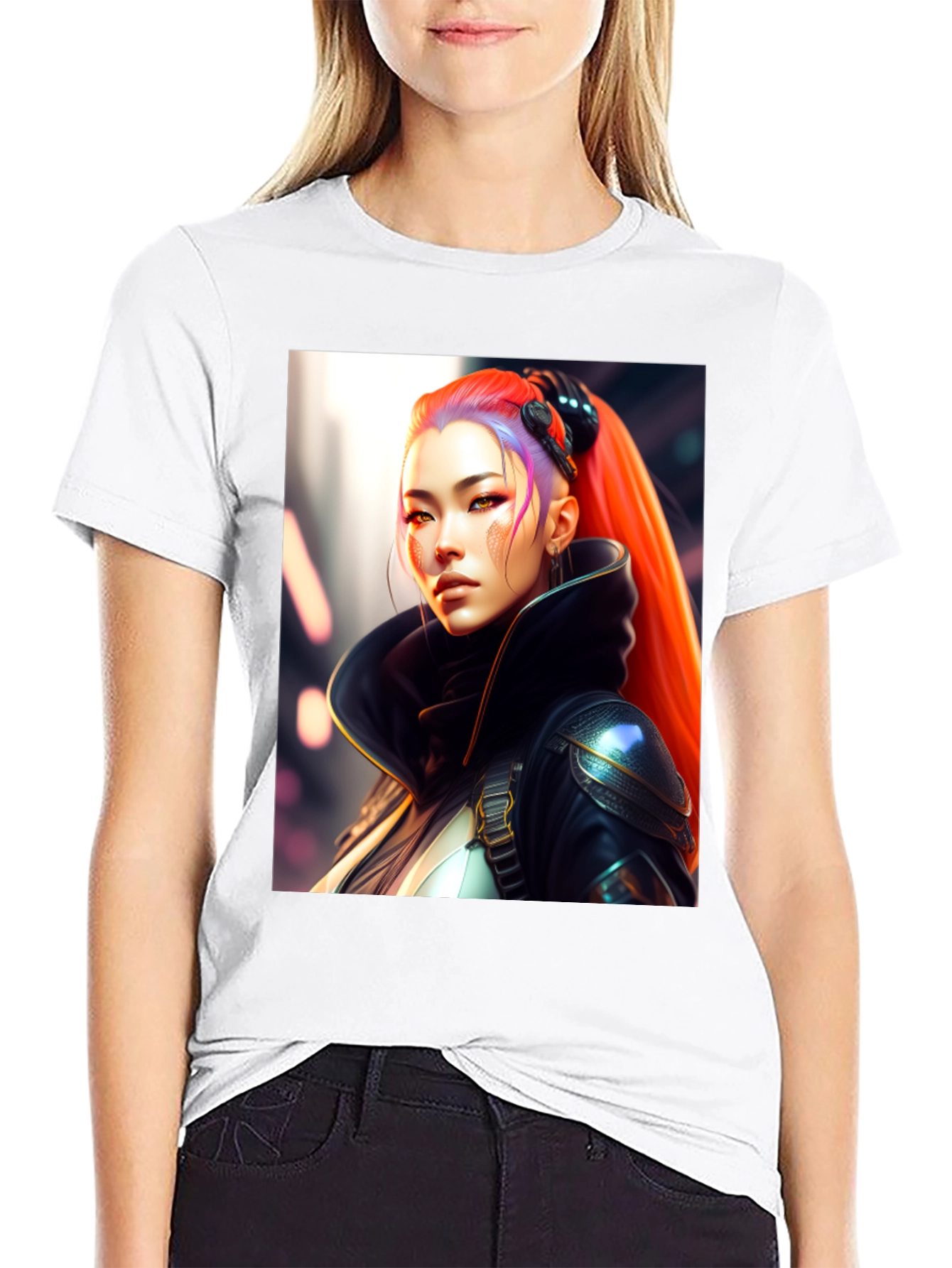 Black Cyberpunk Woman Portrait Graphic Tee - Stylish Cotton Blend Shirt view 9