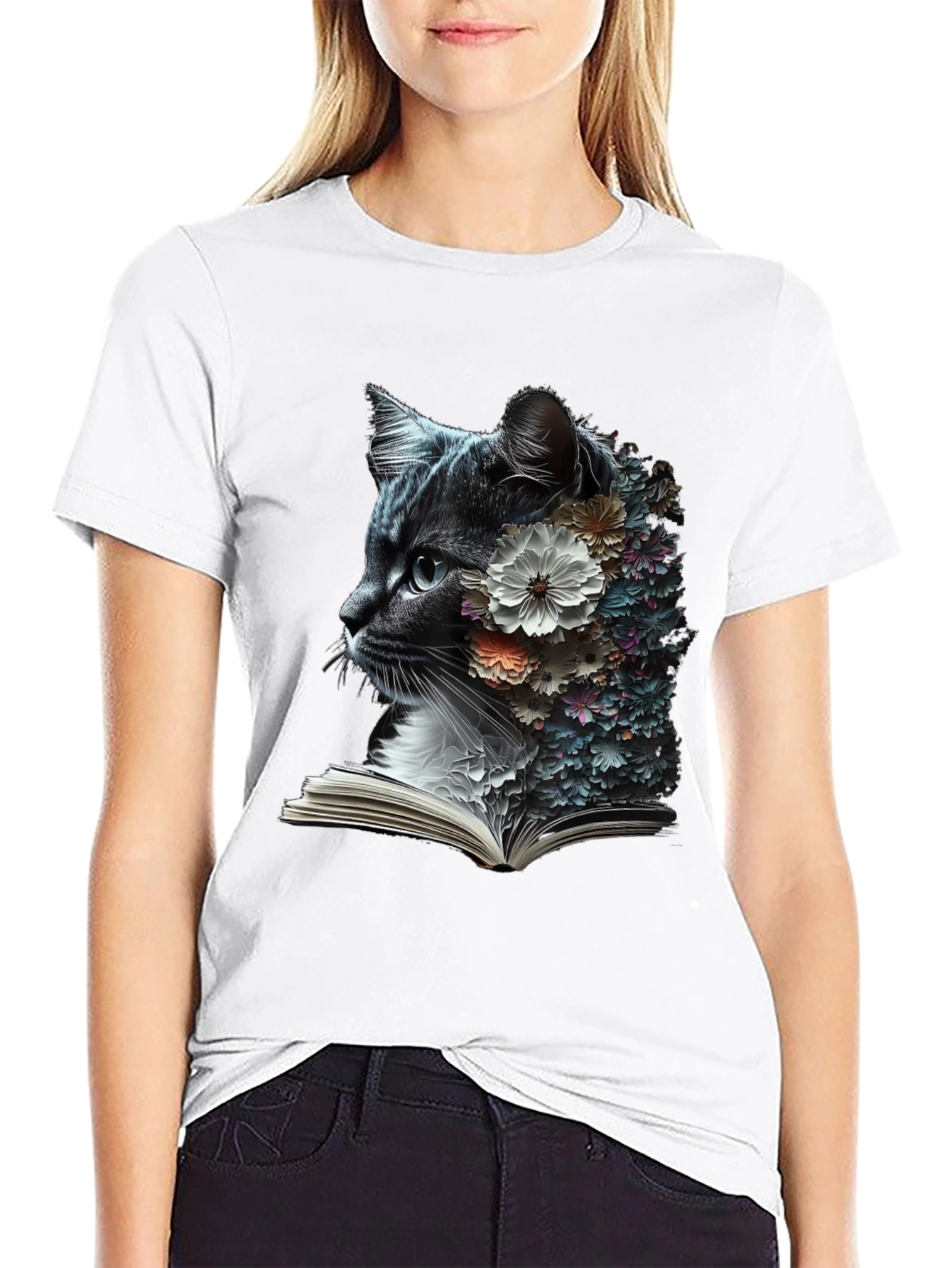 Black Floral Cat Reader Graphic T-Shirt view 9