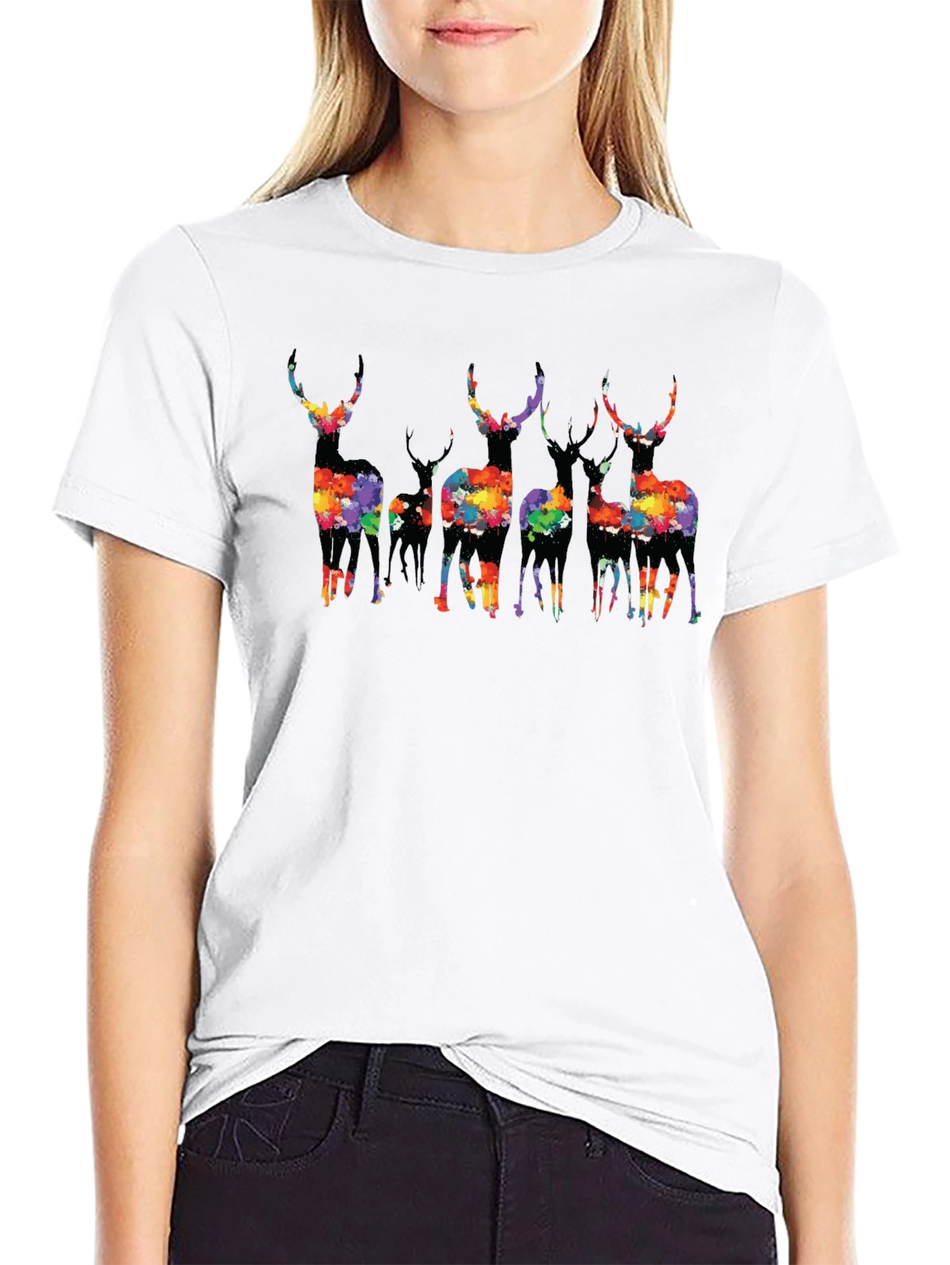 Black Colorful Deer Graphic Tee - Black view 9