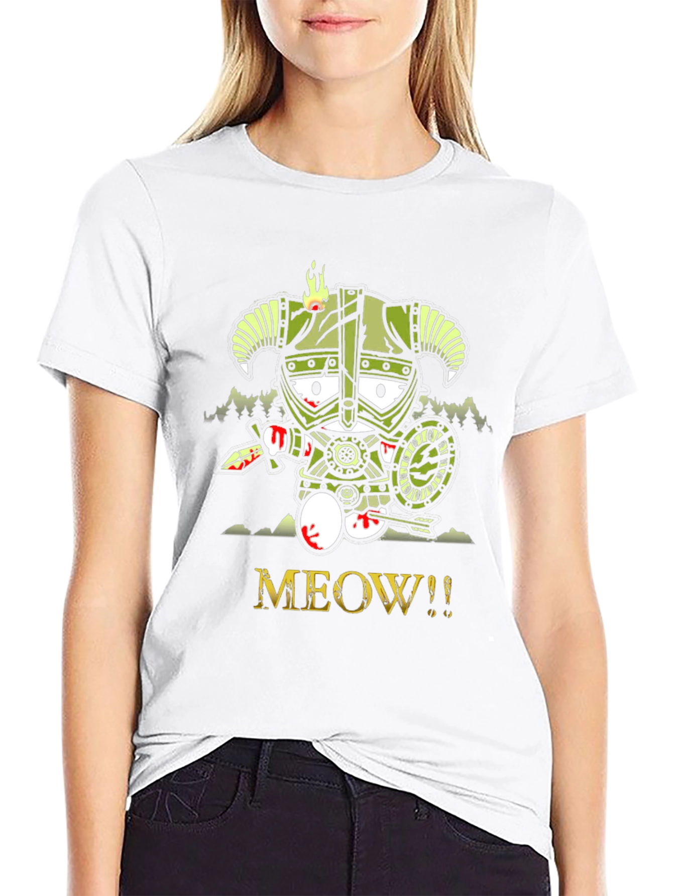 Black Meow Skyrim Cartoon Graphic T-Shirt view 9