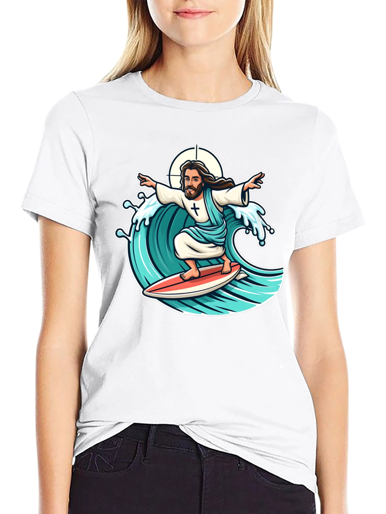 Black Surfing Jesus Graphic T-Shirt view 9
