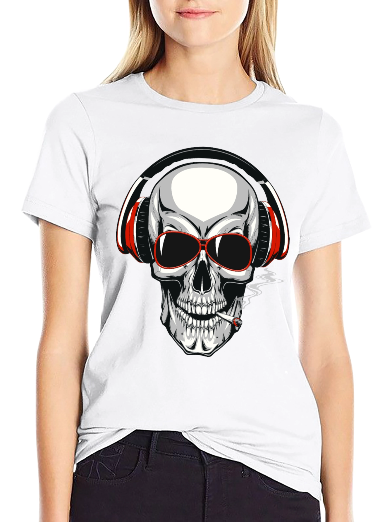 Black Skull with Headphones Graphic T-Shirt view 9