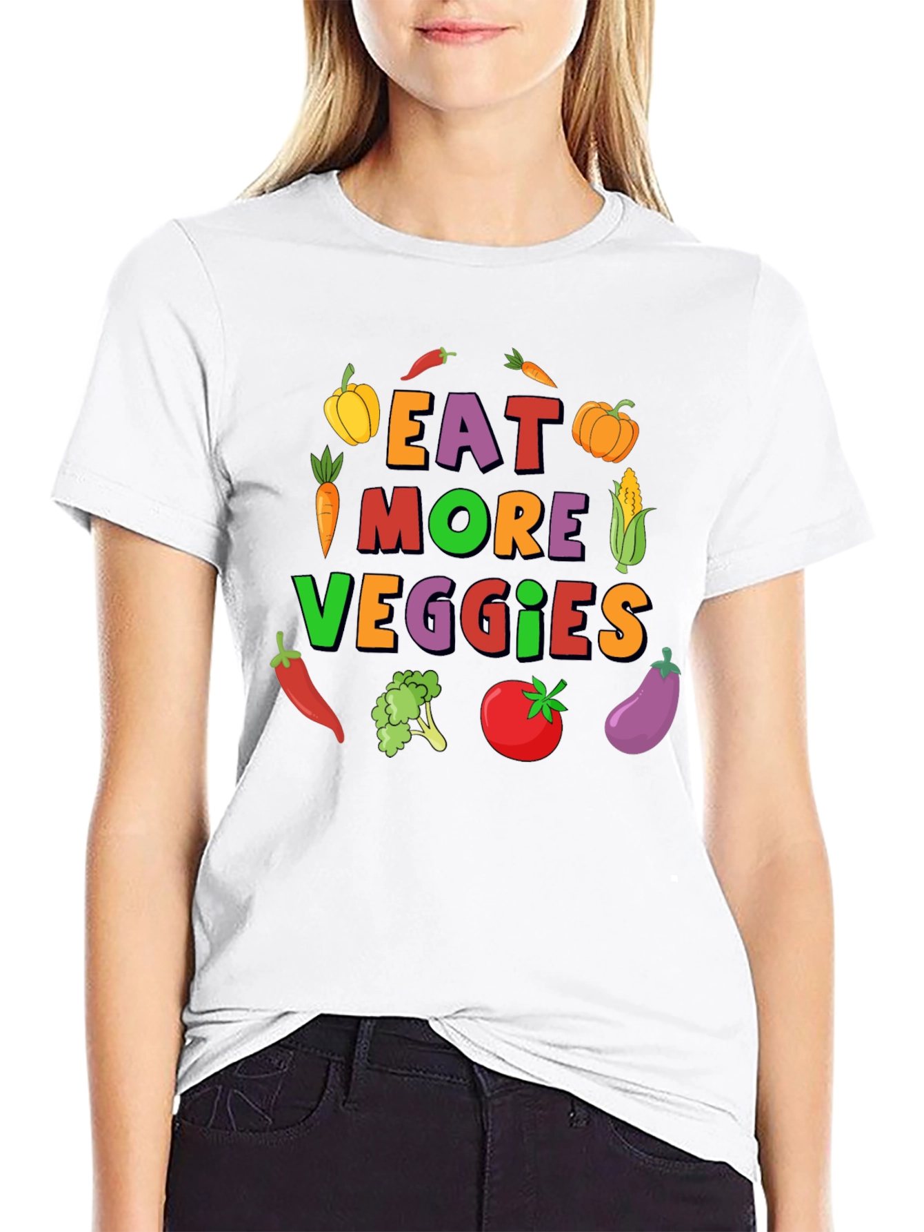 Black Eat More Veggies T-Shirt:  Colorful Graphic Tee view 9