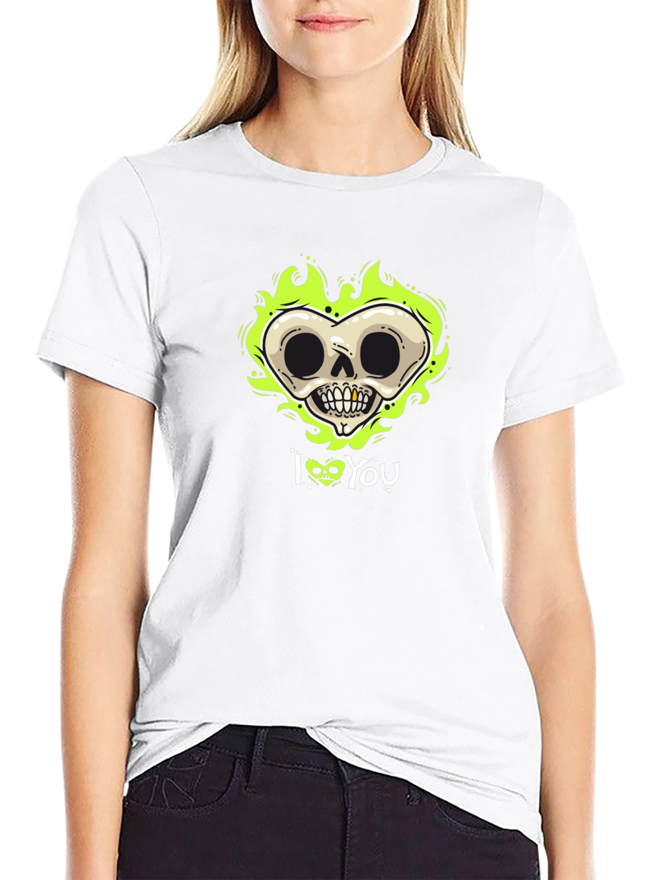 Black Skull Heart I Love You Graphic Black T-Shirt view 9