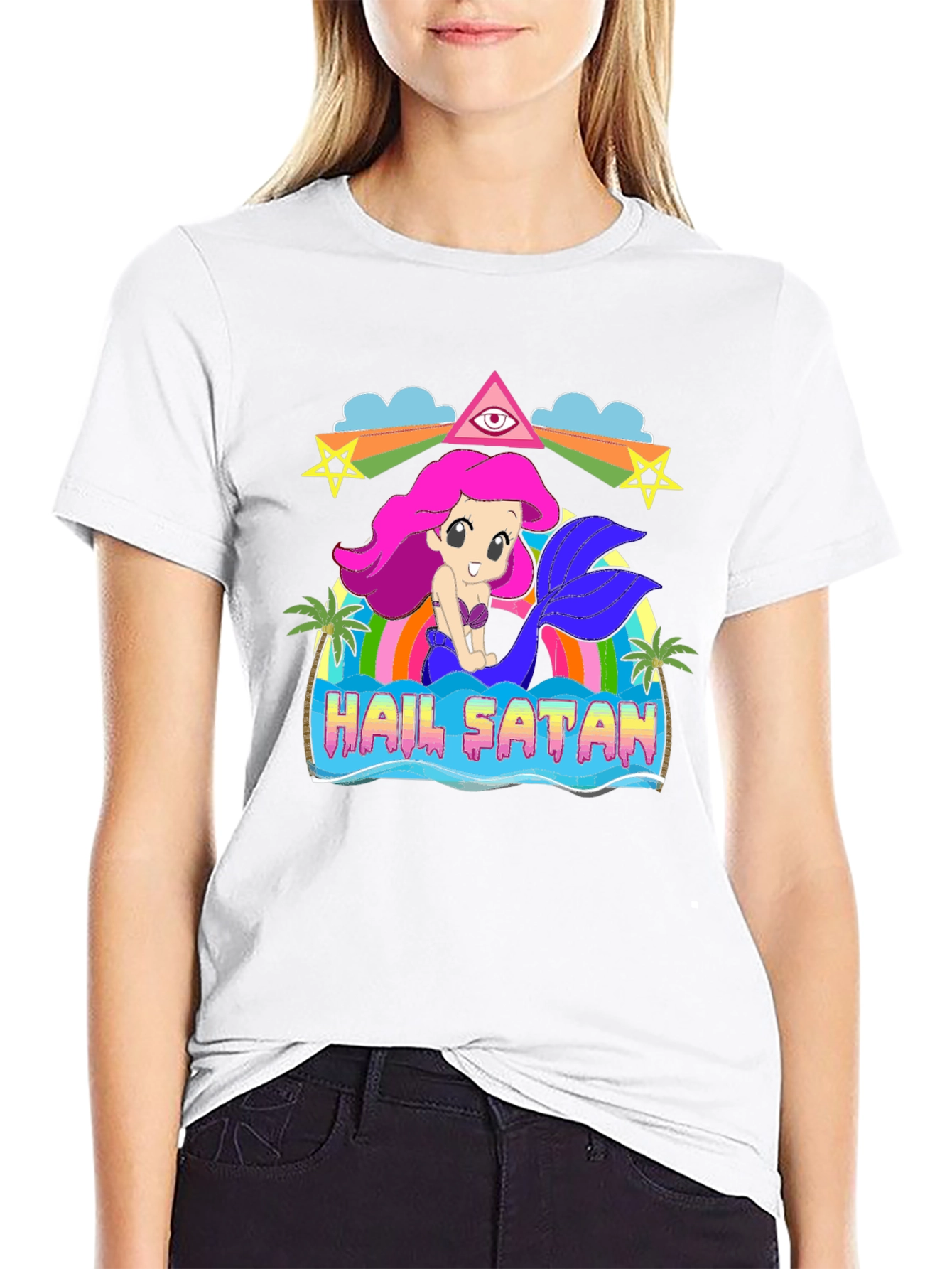 Black Hail Satan Mermaid Graphic T-Shirt view 9