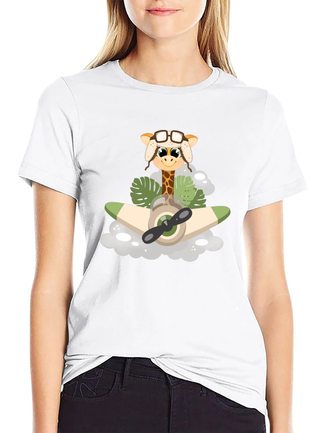 Black Giraffe Aviator T-Shirt: Cute Cartoon Plane Design view 9