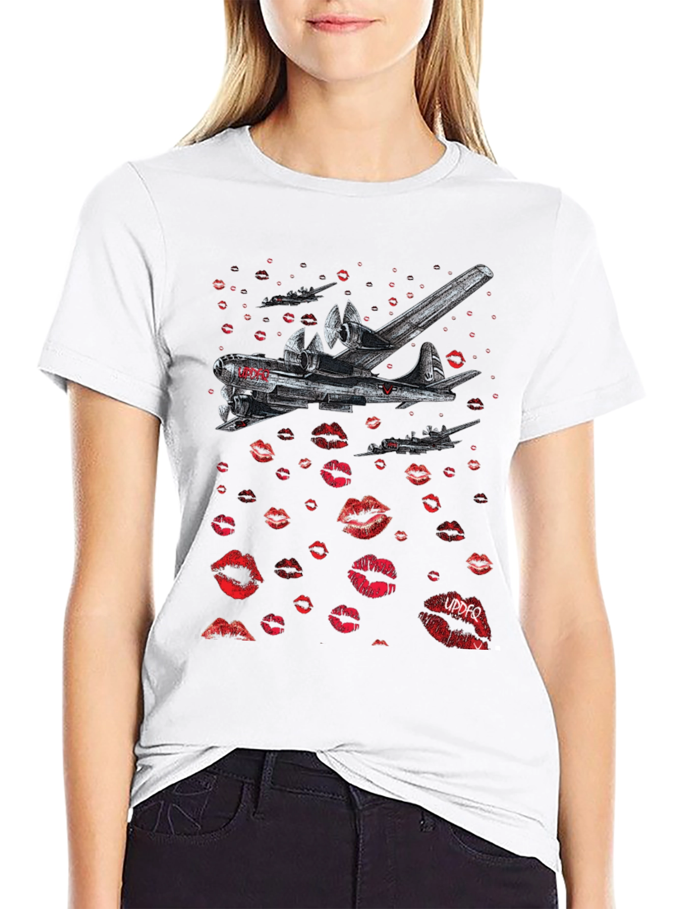 Black Bomber Plane Lips Print Graphic Tee - Unique Design view 9