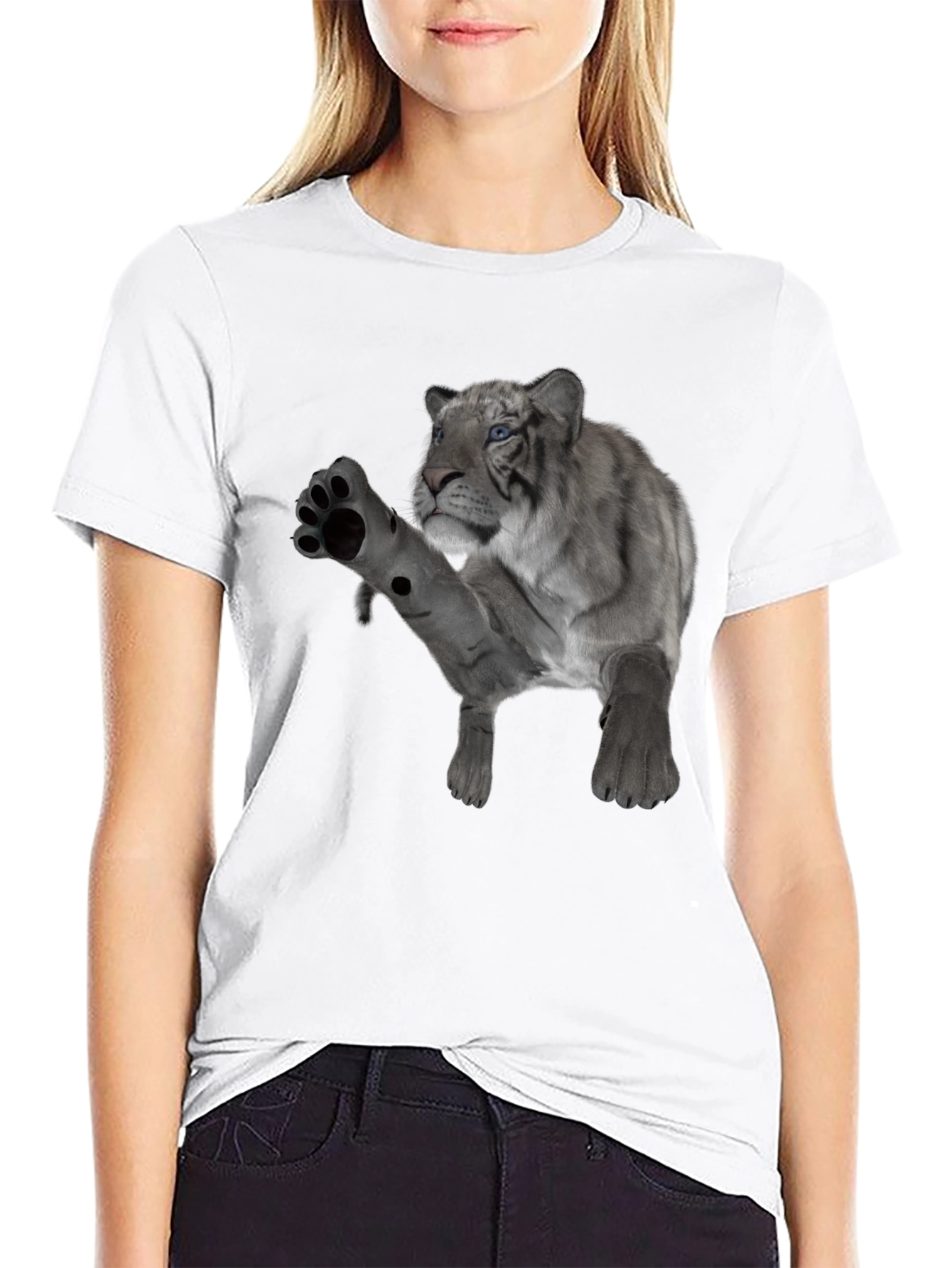 Black Men's Black T-Shirt with White Tiger Graphic view 9