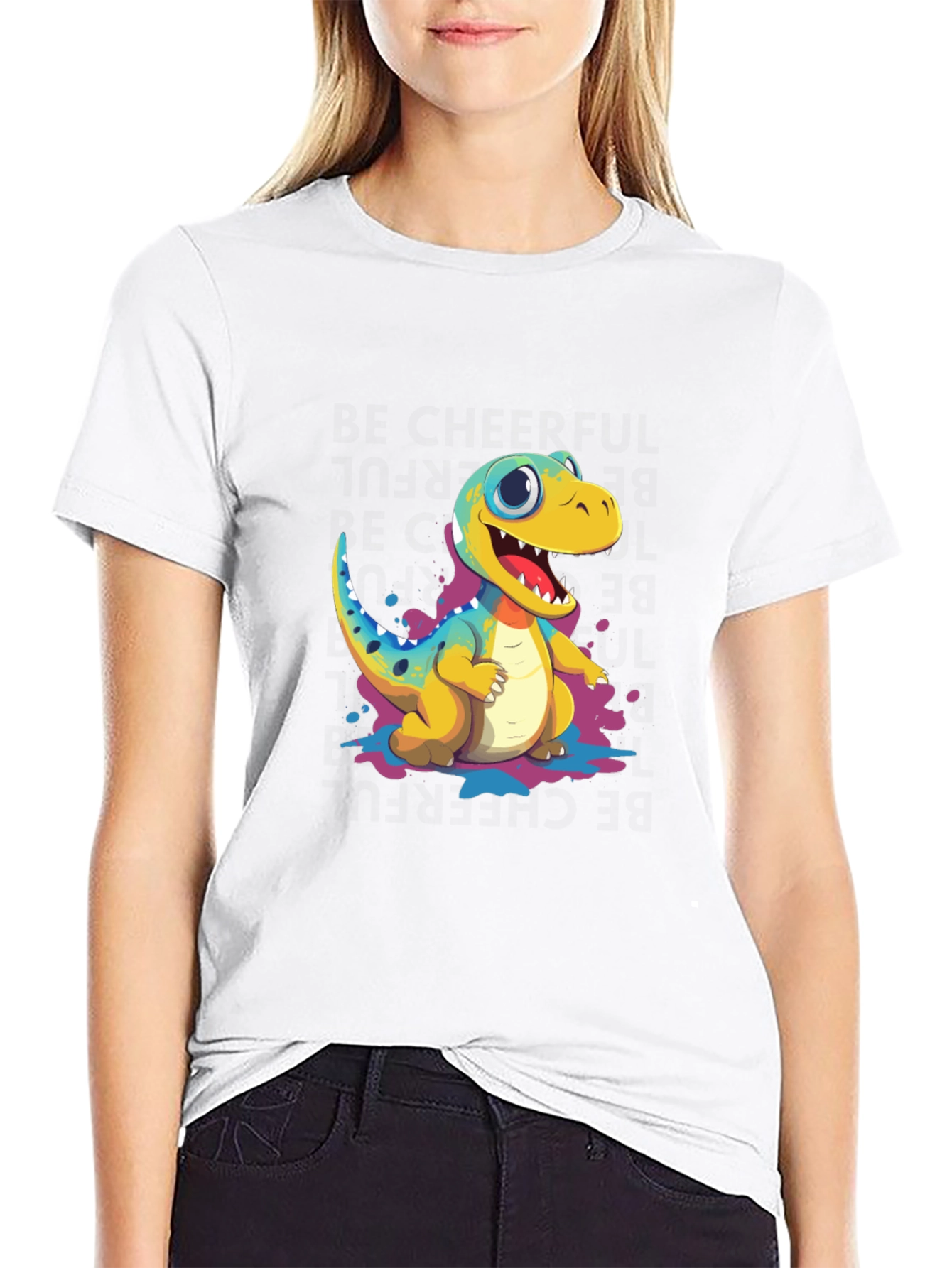 Black Cute Cartoon Dinosaur Black T-Shirt view 9
