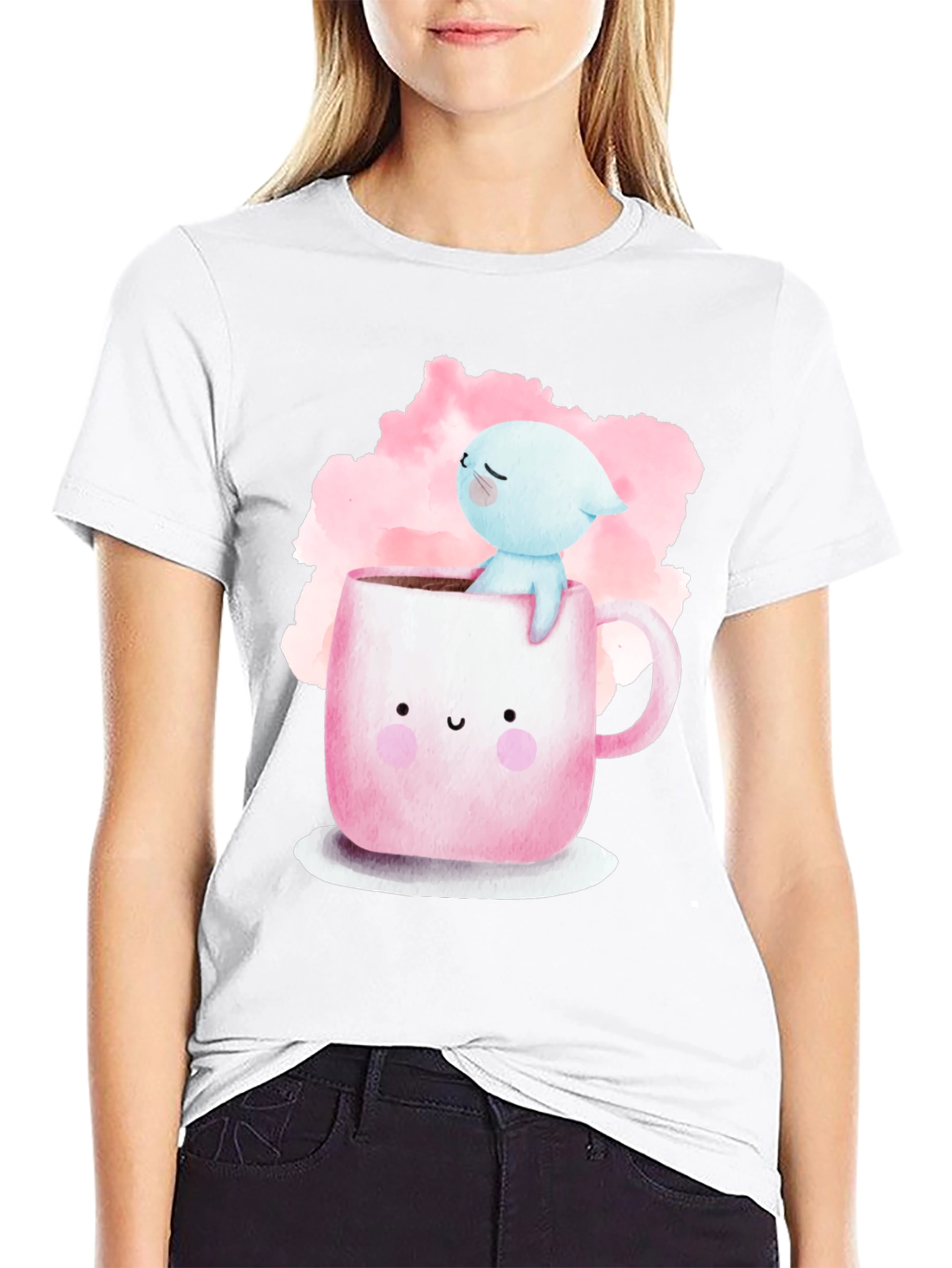 Black Cute Cartoon Cat in Mug Graphic Tee - Black view 9