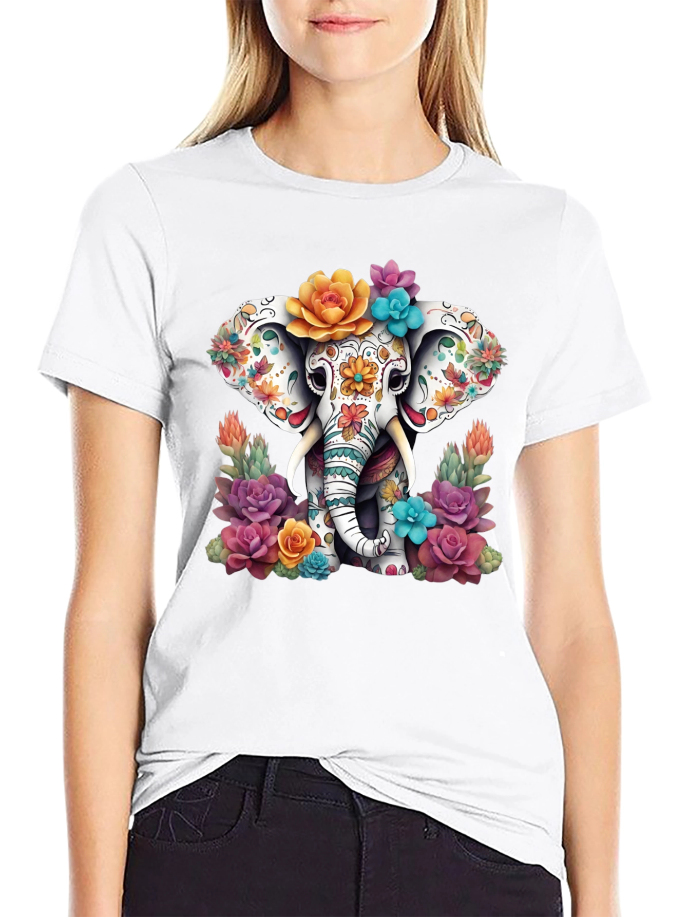 Black Floral Sugar Skull Elephant Graphic Tee view 9