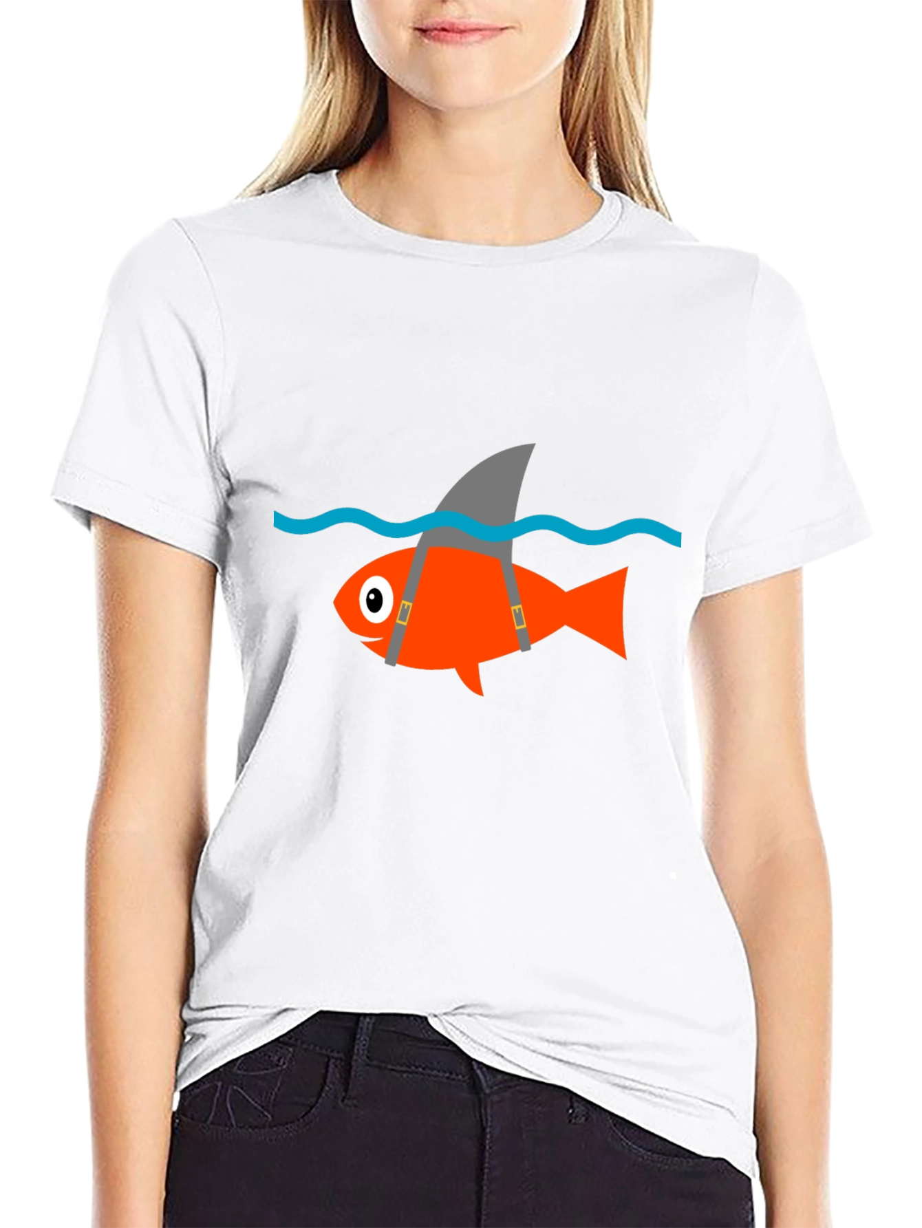 Black Funny Fish Shark Fin T-Shirt - Black Cotton Tee view 9