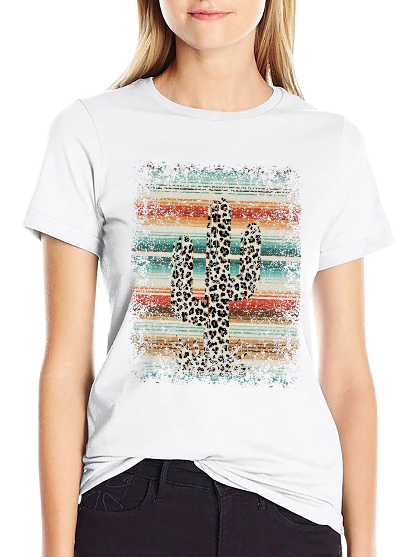 Black Cactus Leopard Print T-Shirt - Western Style Tee view 9