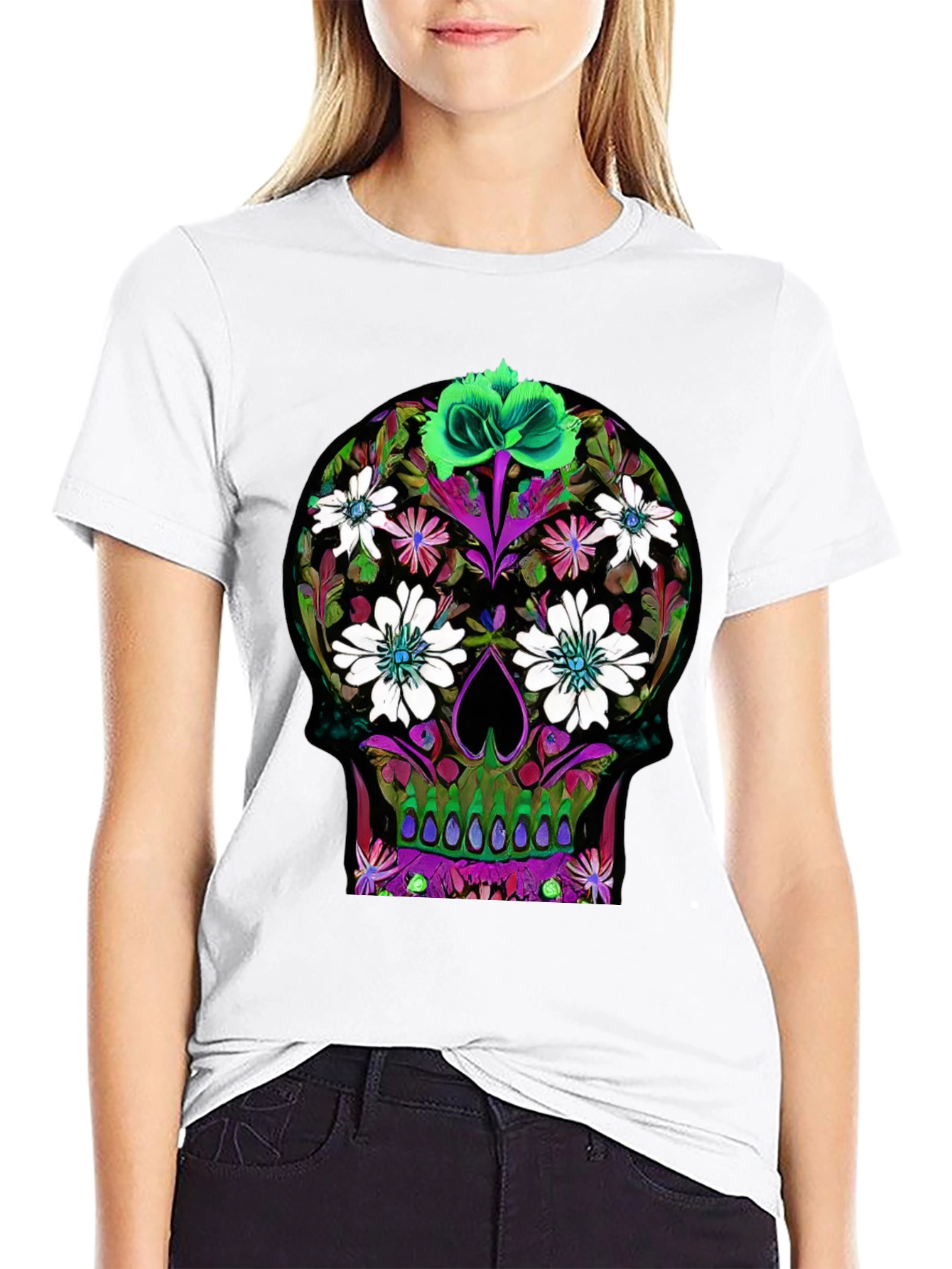 Black Floral Skull Graphic T-Shirt view 9