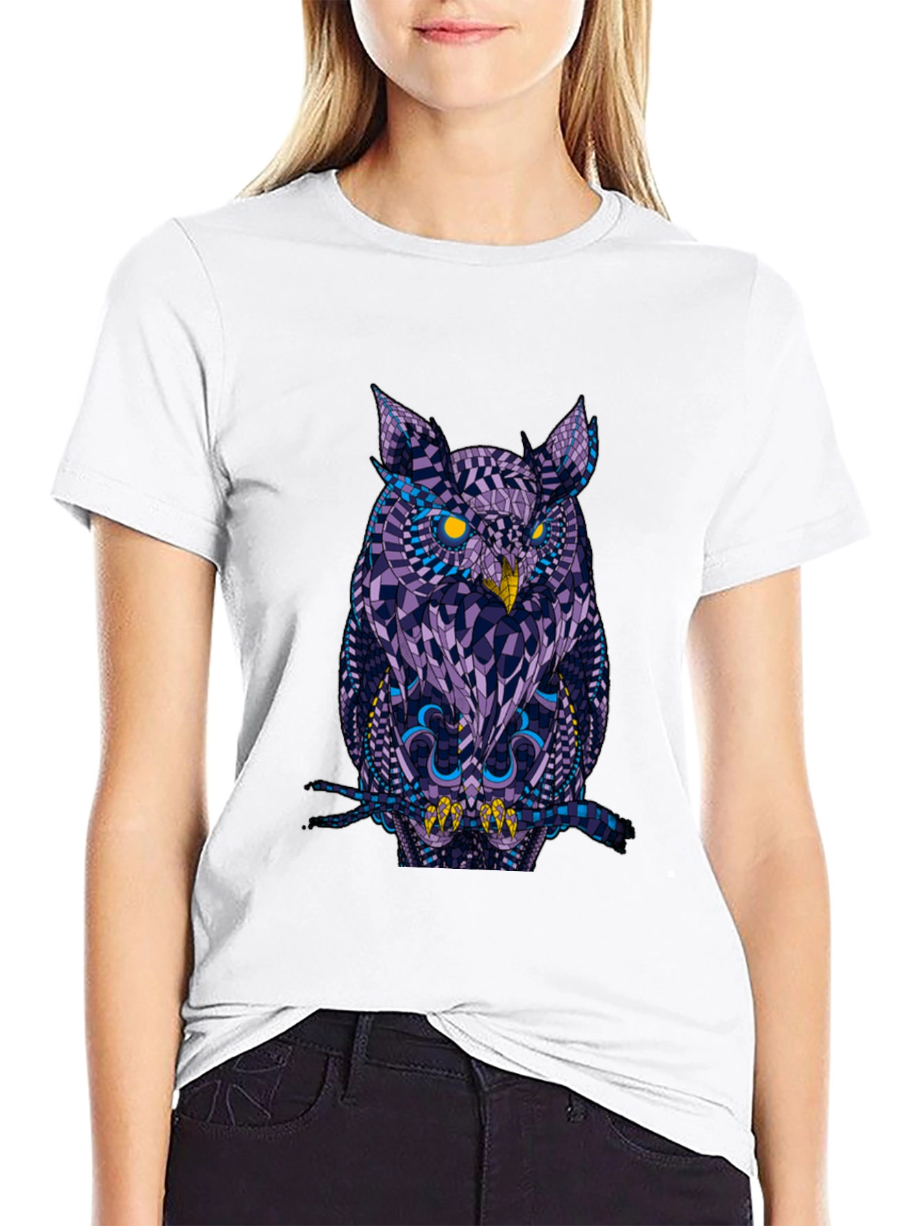 Black Geometric Owl Graphic Tee - Black Cotton view 9