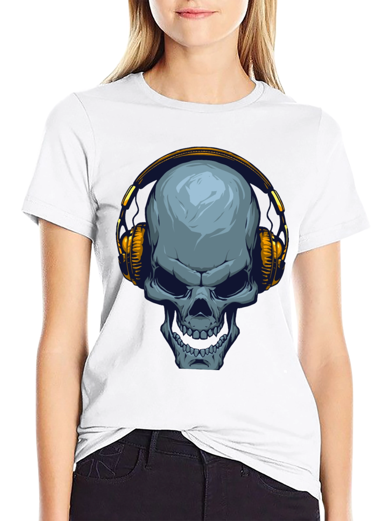 Black Skull with Headphones Graphic T-Shirt view 9