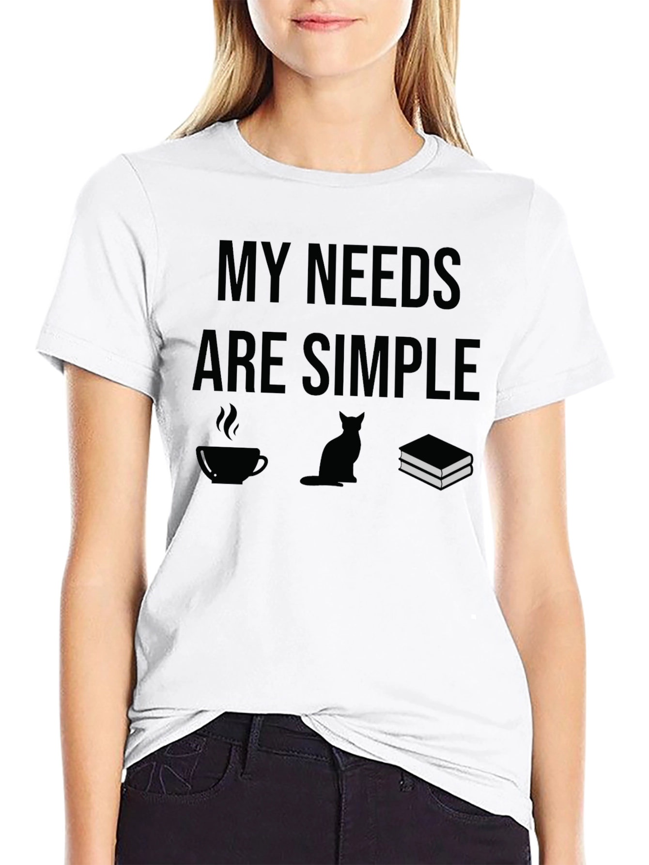 Black My Needs Are Simple T-Shirt: Coffee, Cat, Books view 9