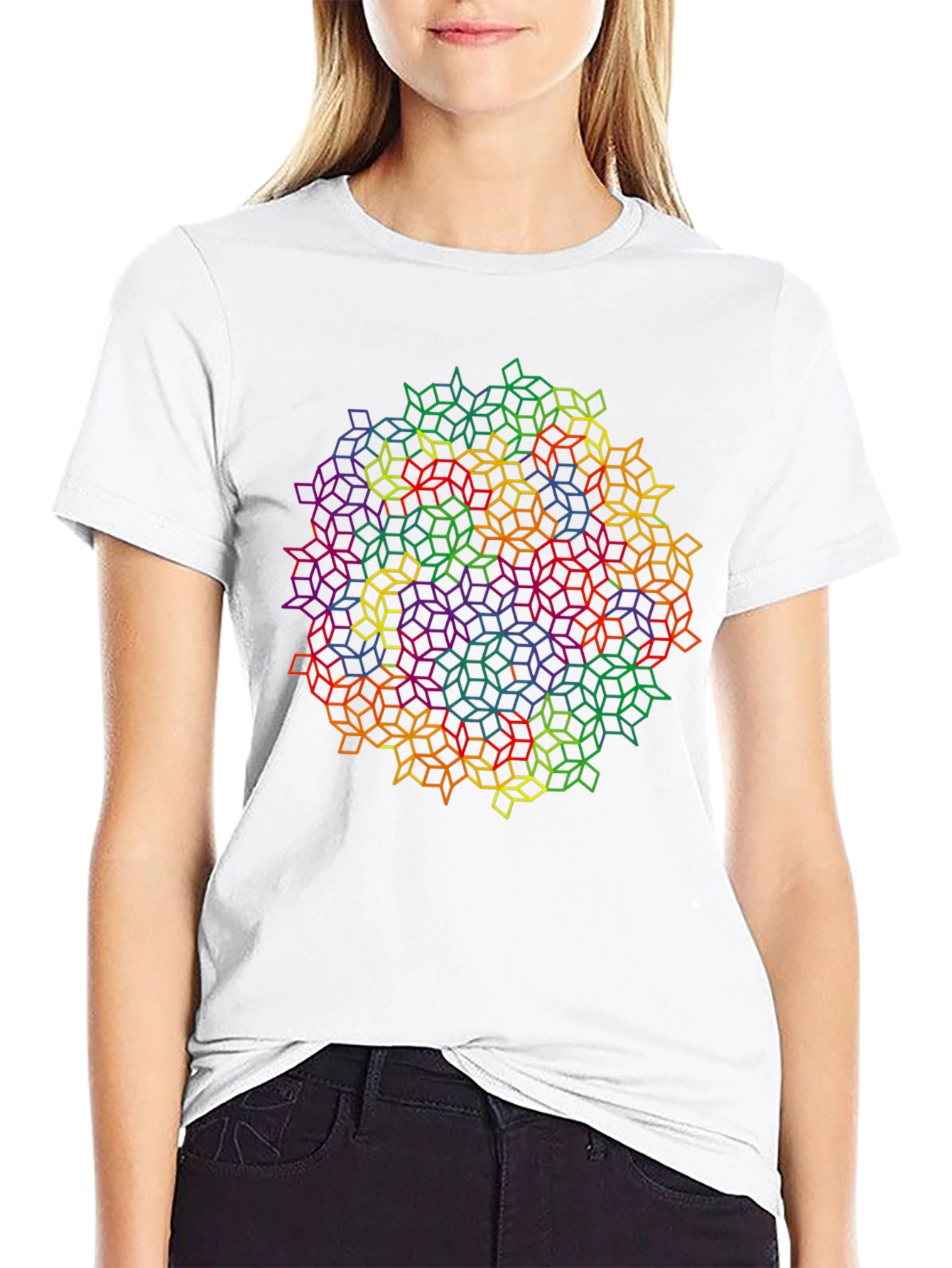 Black Geometric Rainbow Cube Pattern Black T-Shirt view 9