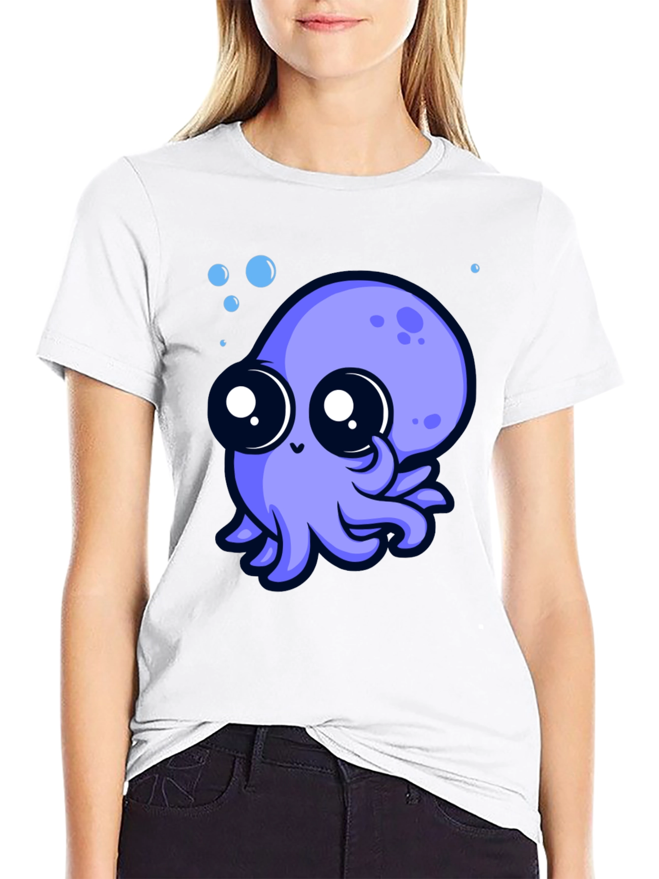 Black Cute Octopus Graphic Tee - Black Cotton T-Shirt view 9