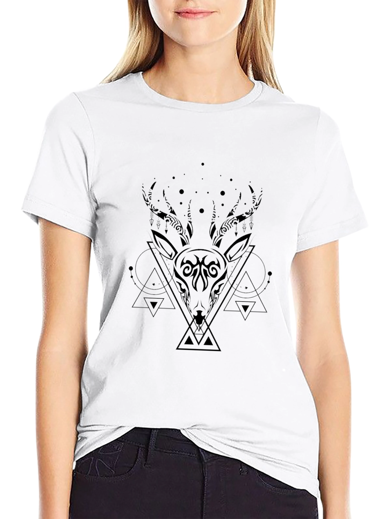 Black Geometric Deer Graphic Black T-Shirt view 9