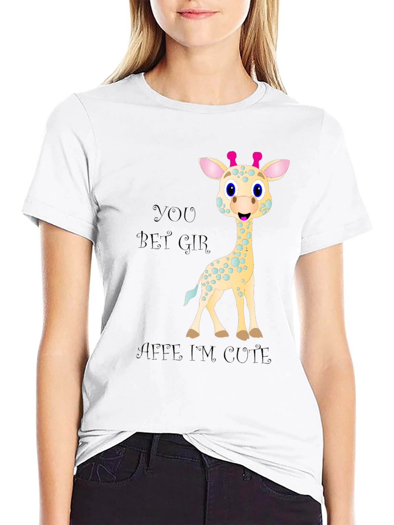 Black Cute Giraffe Cartoon Black T-Shirt view 9