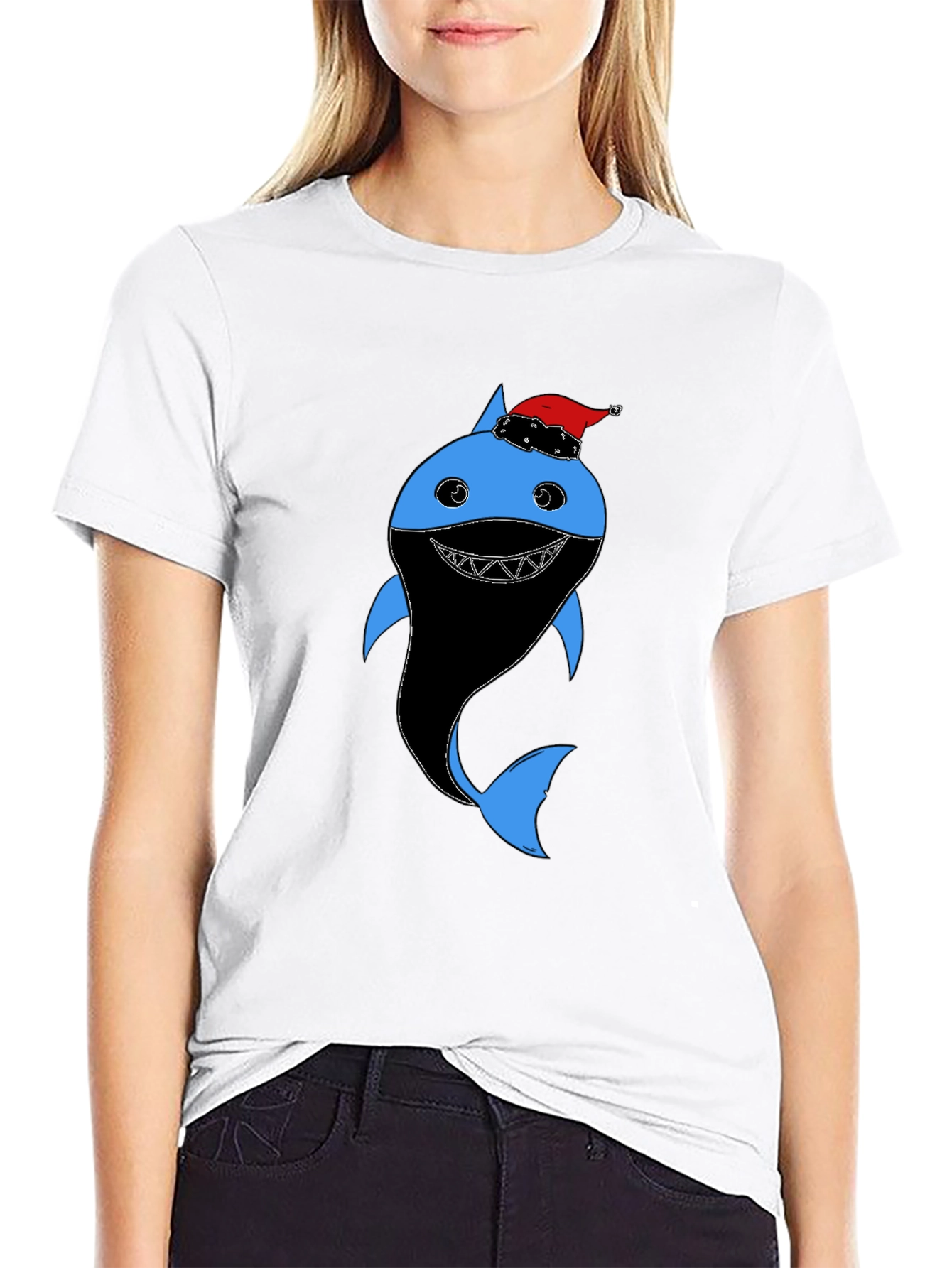Black Festive Shark Graphic Tee - Holiday Humor view 9