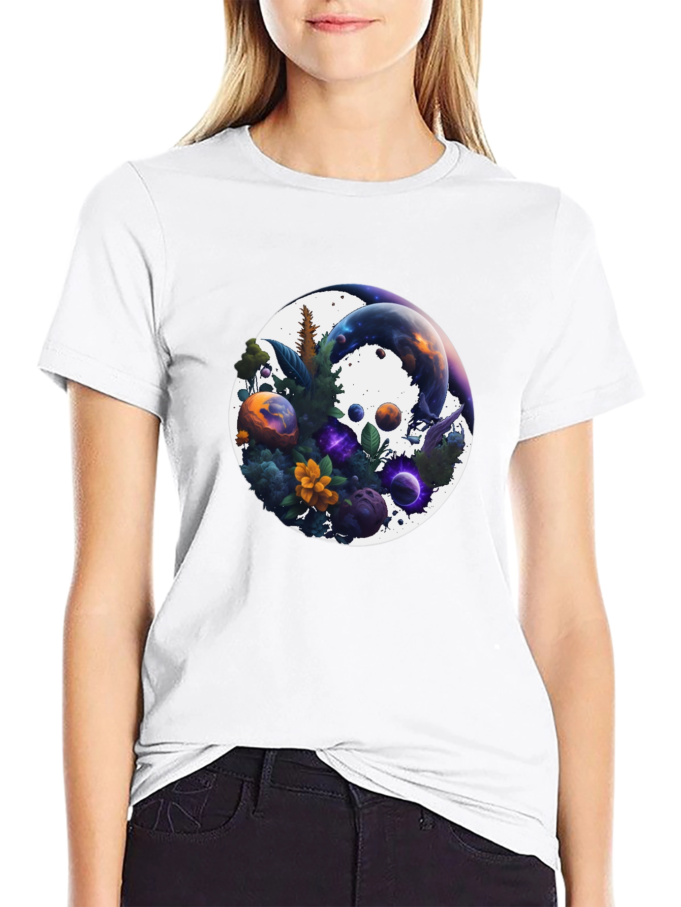 Black Cosmic Garden T-Shirt - Nature & Space Fusion view 9
