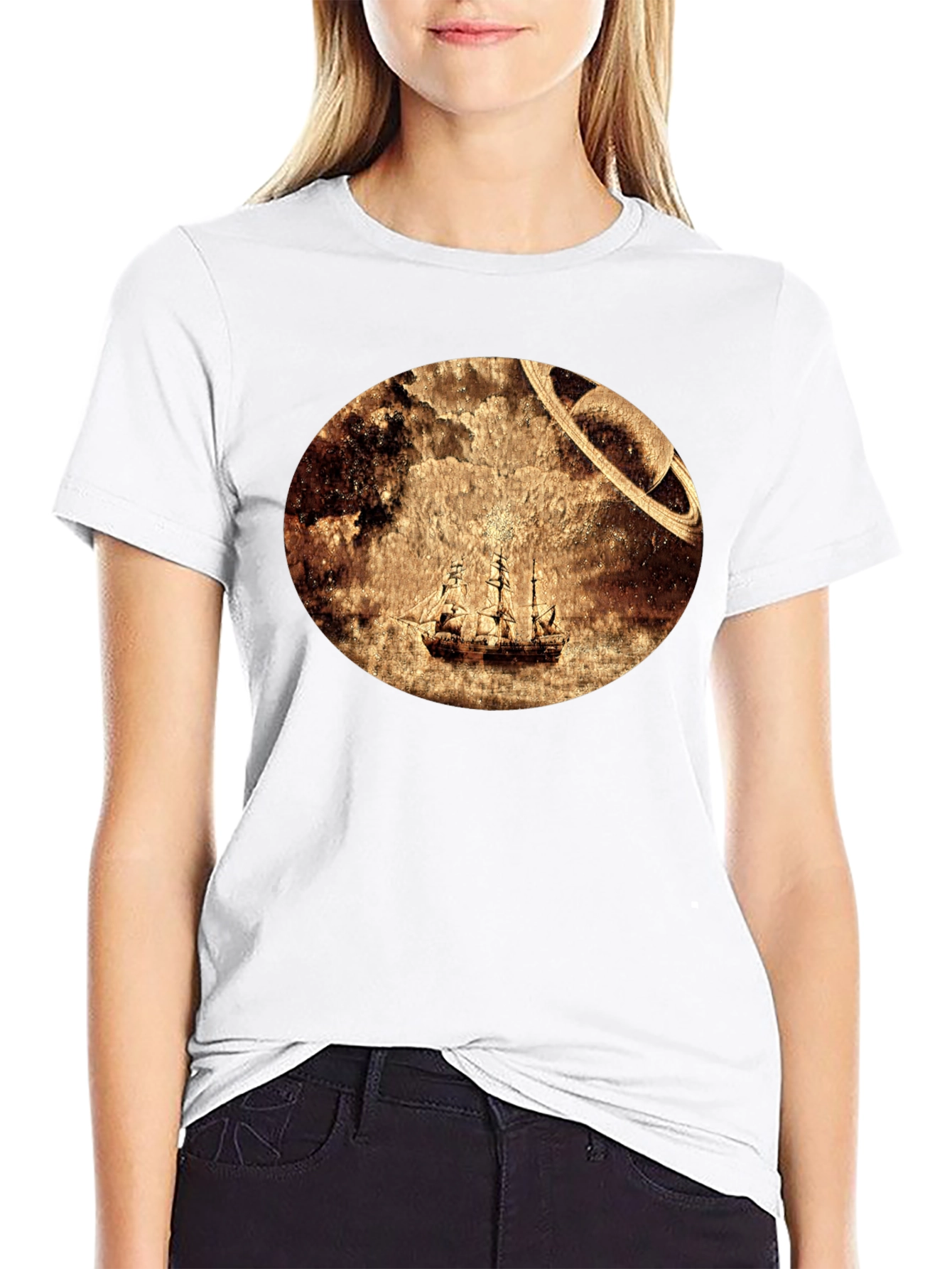 Black Vintage Space Sailboat T-Shirt - Unique Graphic Tee view 9