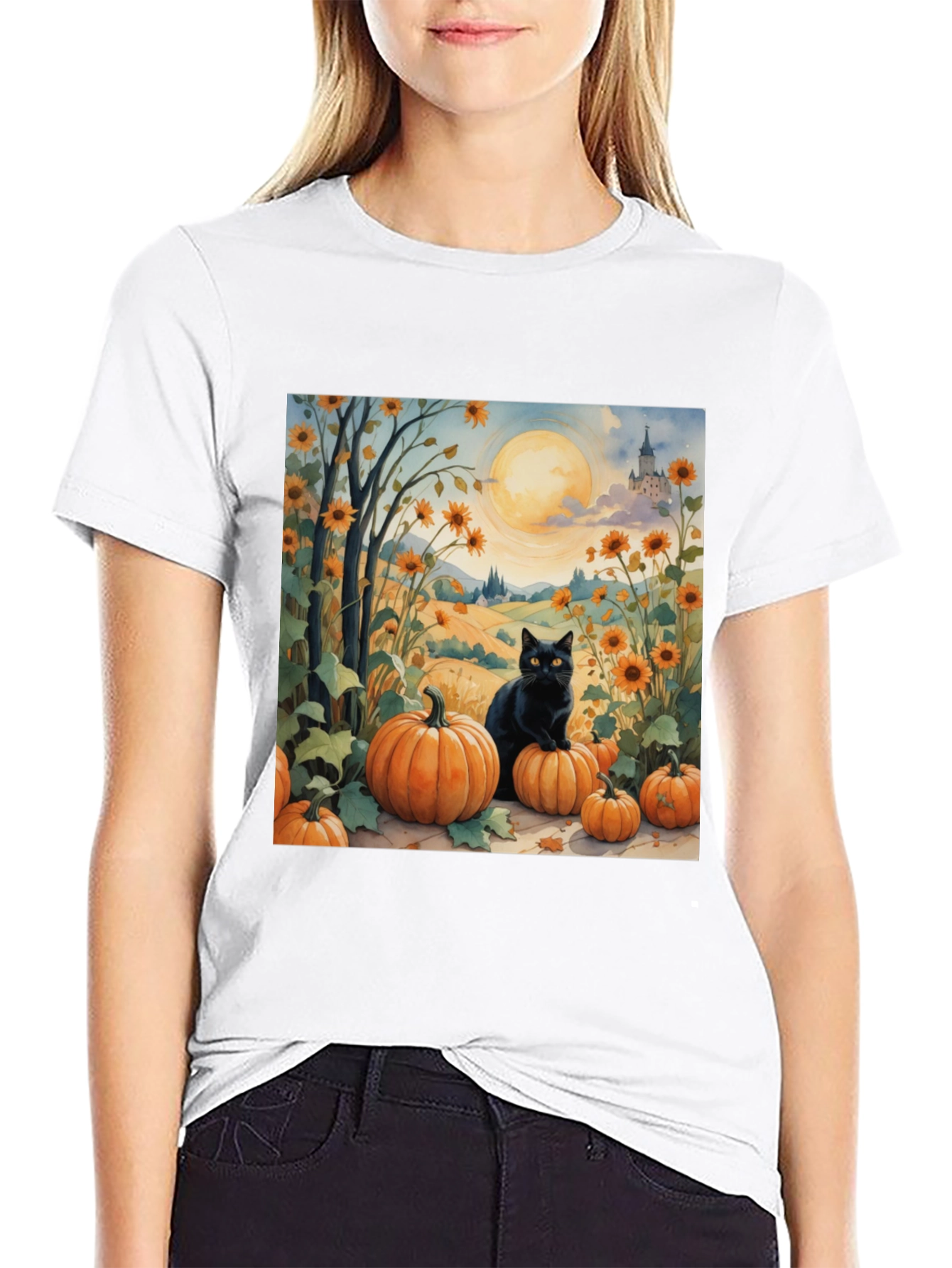 Black Halloween Black Cat Pumpkin Patch T-Shirt view 9