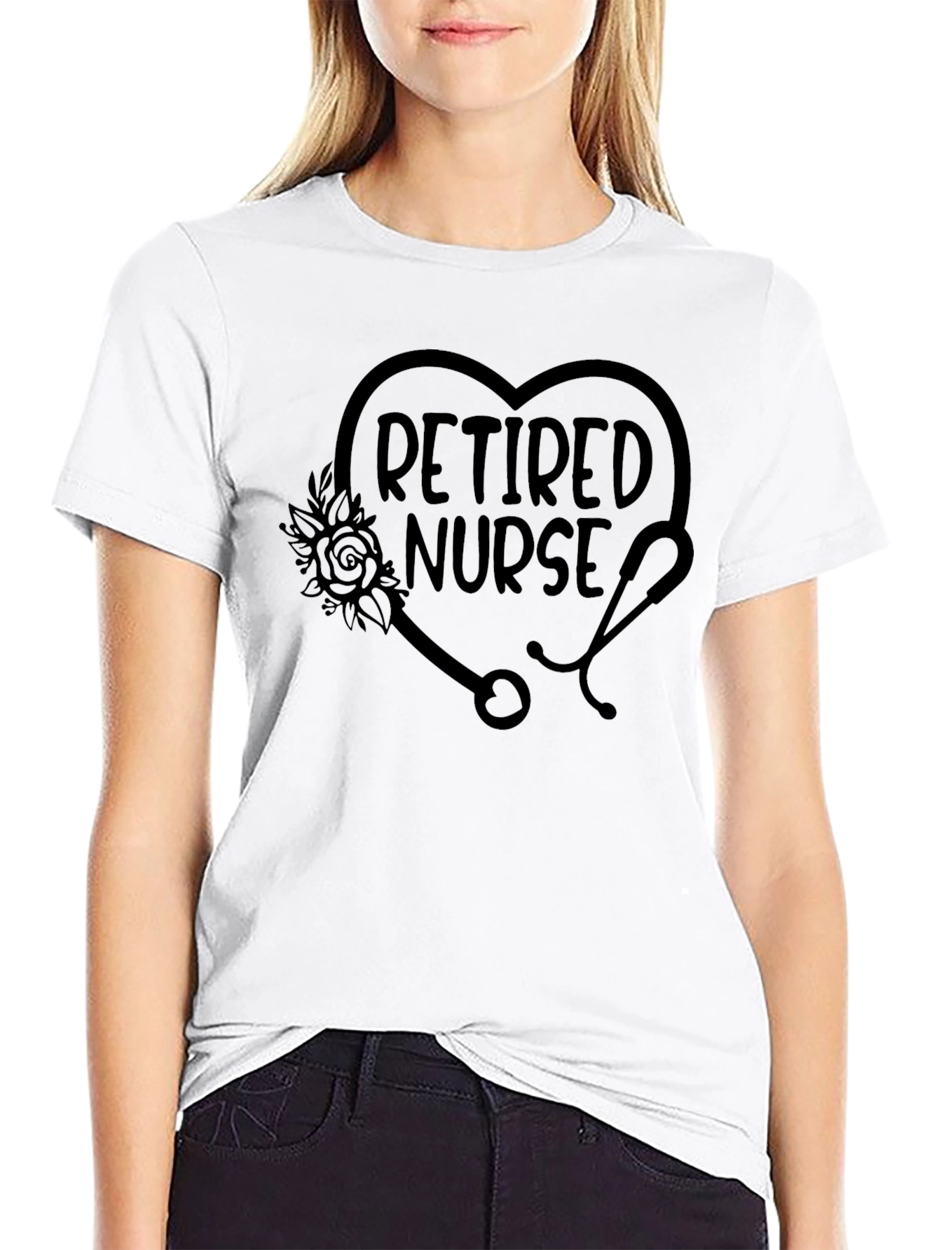 Black Retired Nurse T-Shirt - Floral Stethoscope Heart Tee view 9