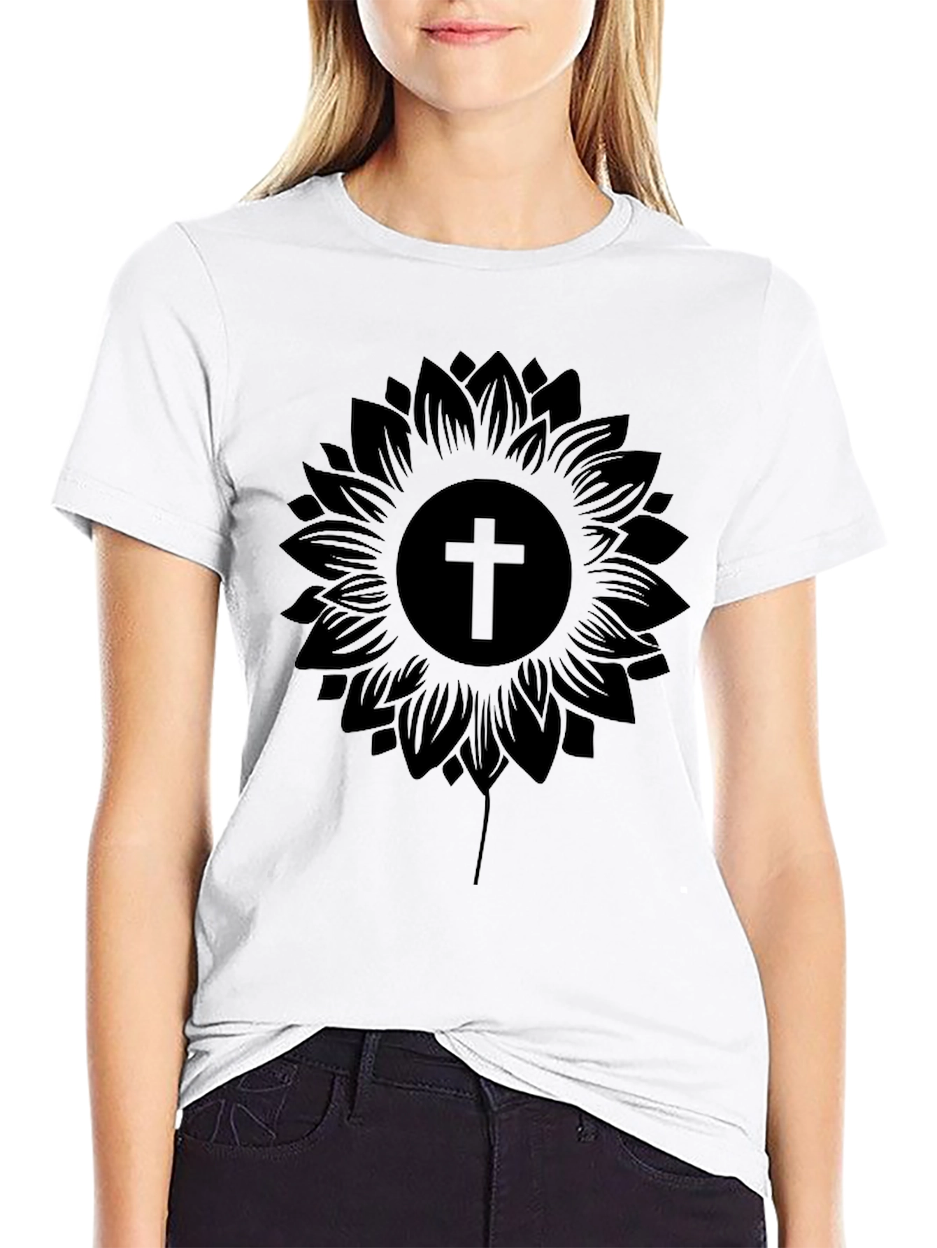 Black Sunflower Cross Graphic Black T-Shirt view 9