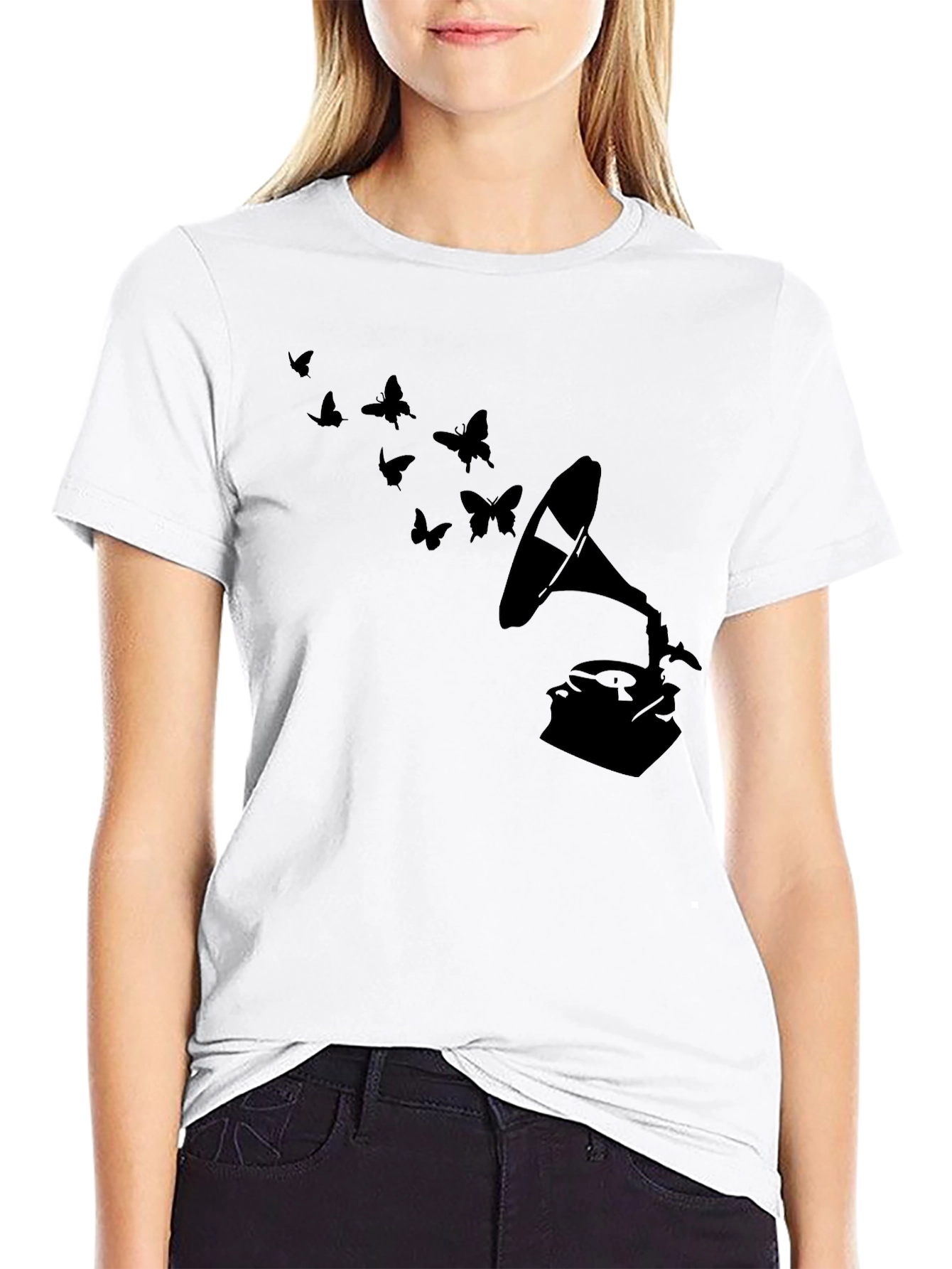 Black Vintage Gramophone & Butterfly T-Shirt - Stylish Retro Tee view 9
