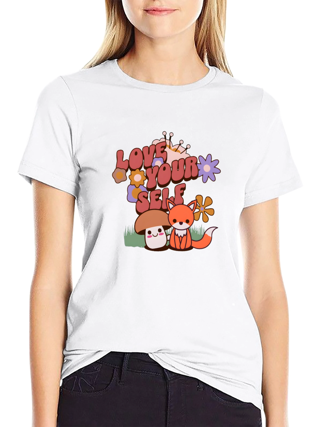 Black Love Yourself T-Shirt with Cute Mushroom and Fox Design view 9