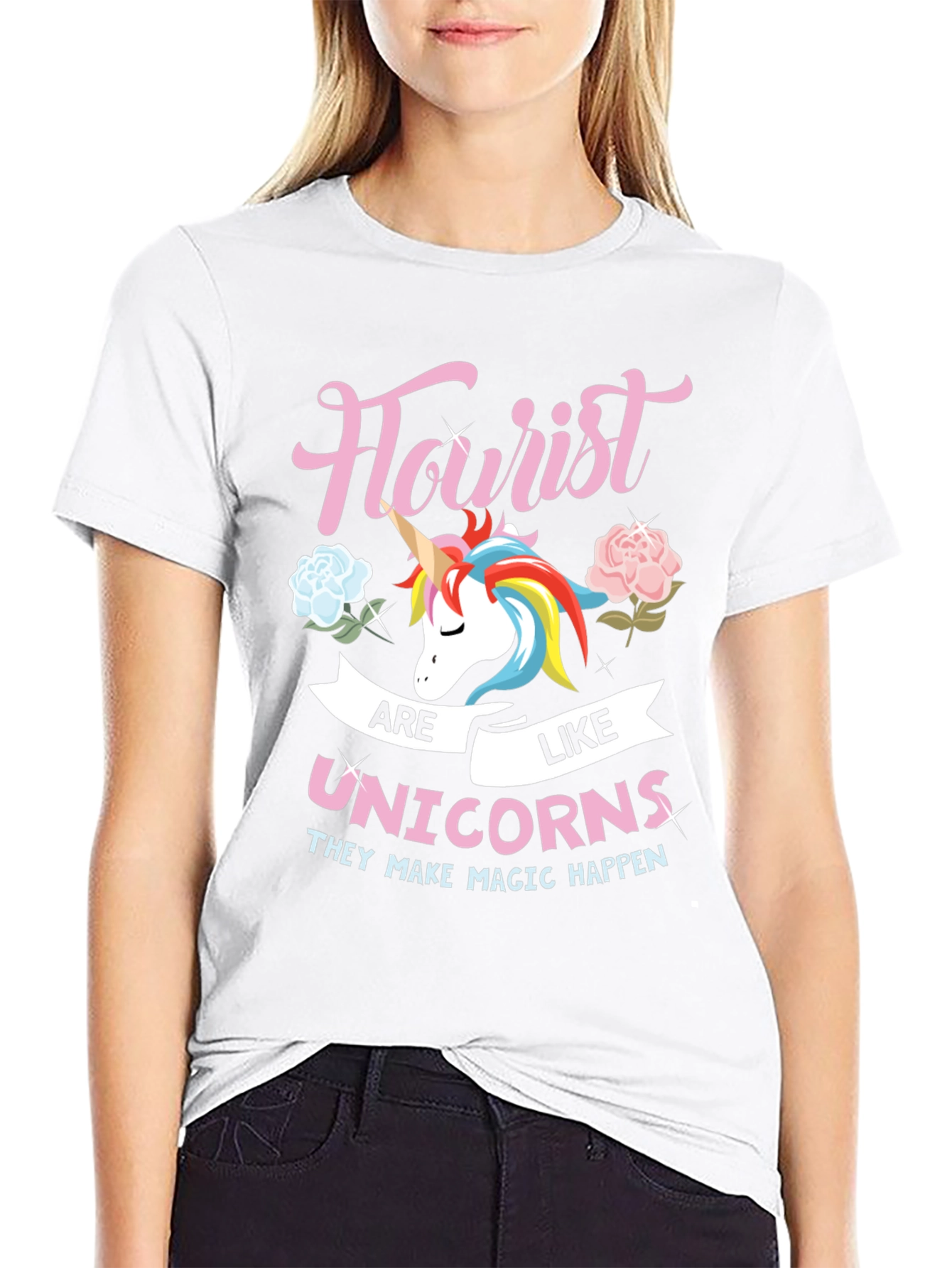 Black Florist Unicorn Graphic T-Shirt - Magical Flower Design view 9