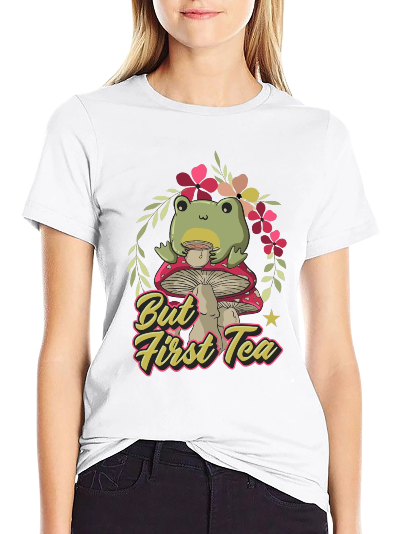 Black Frog Sipping Tea on Mushroom T-Shirt view 9