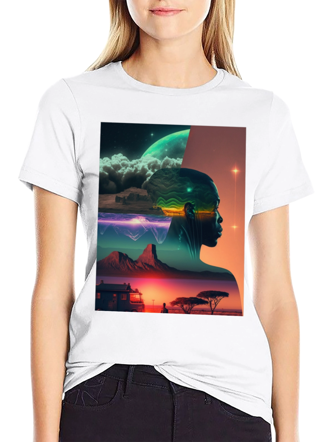 Black Afrofuturism Graphic Tee - Sci-Fi Landscape Black T-Shirt view 9