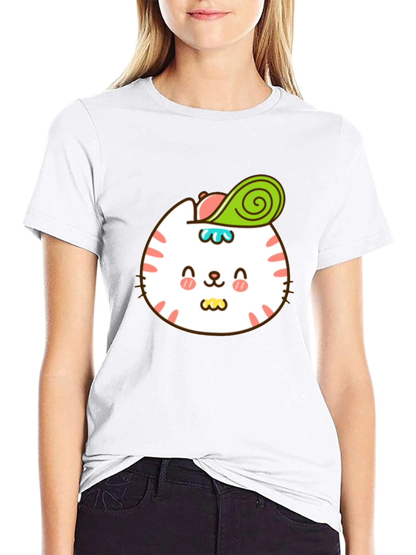 Black Cute Cat Avocado T-Shirt - Stylish Cartoon Design view 9