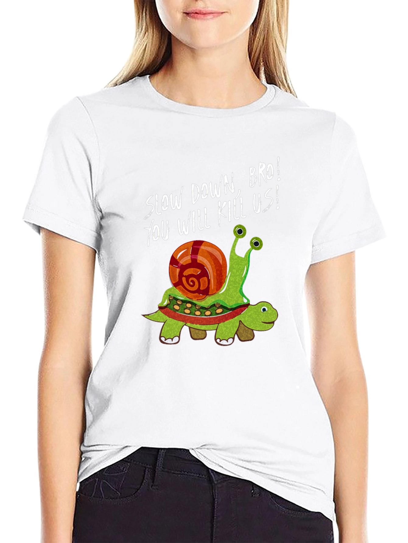 Black Funny Snail Riding Turtle Graphic Tee - Slow Down Bro! view 9