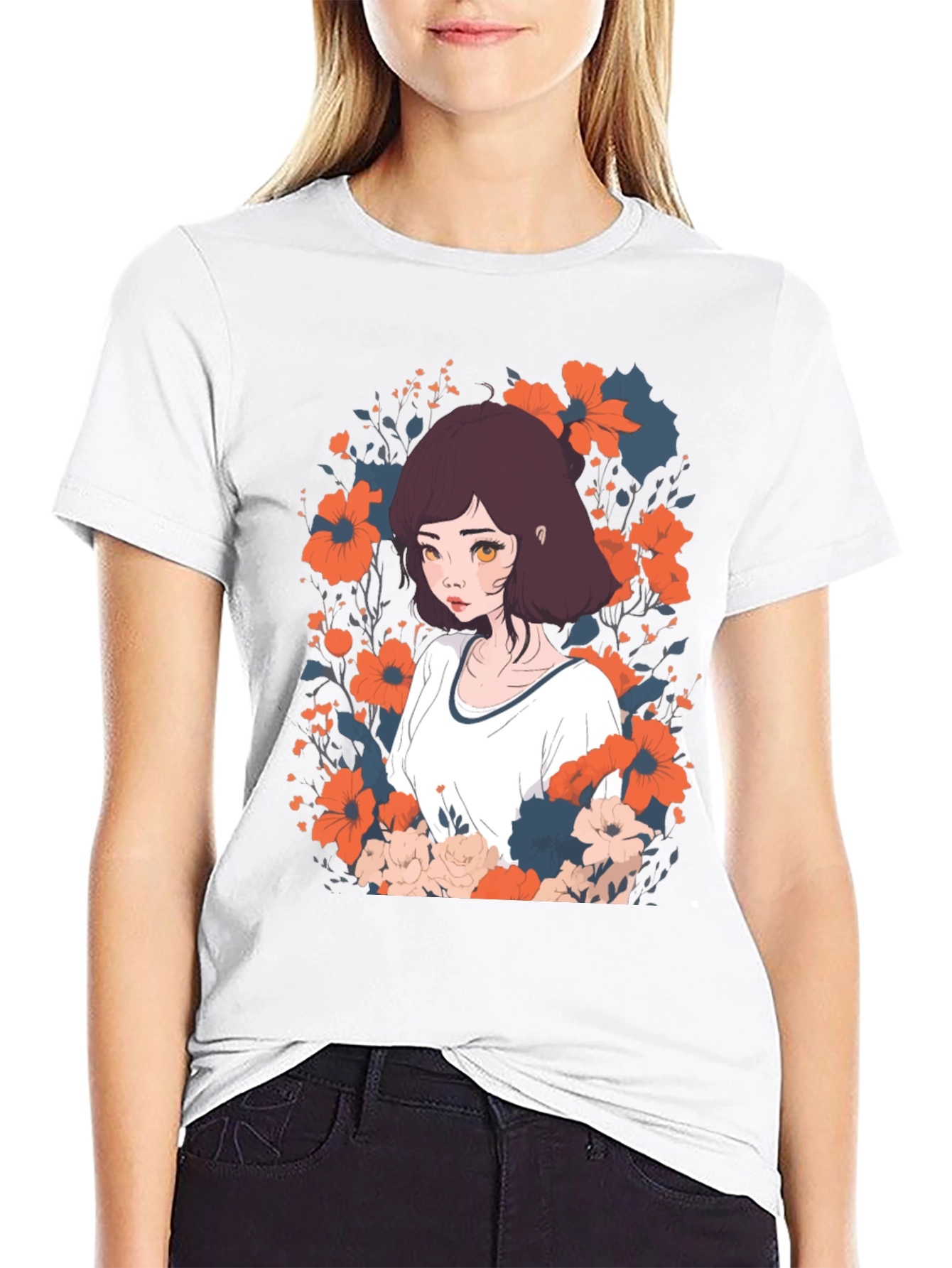 Black Floral Anime Girl Graphic Tee - Unisex Black T-Shirt view 9