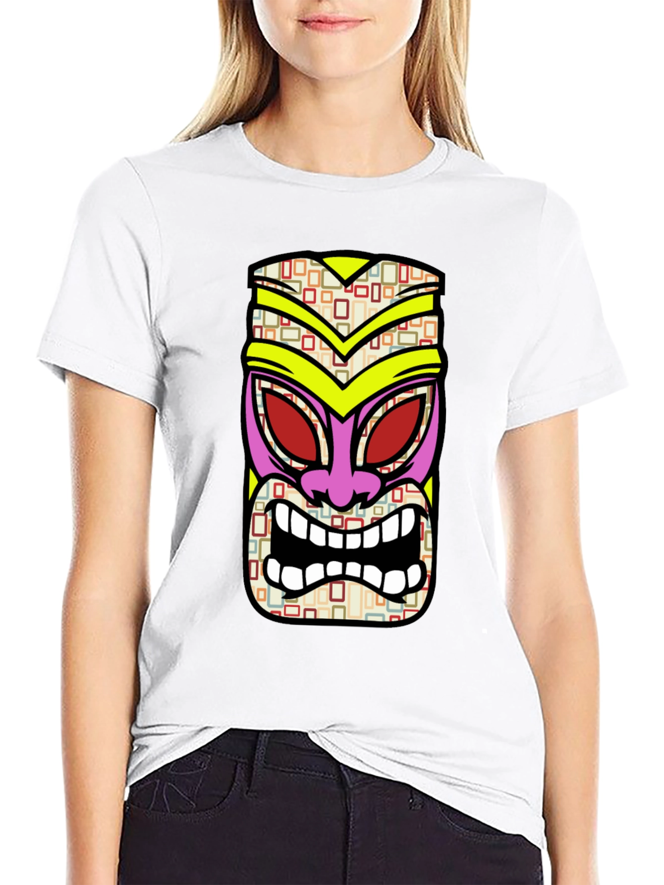 Black Tiki Mask Graphic Tee - Black Cotton T-Shirt view 9